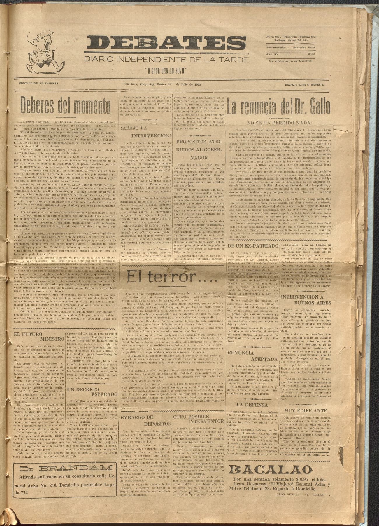 Portada · Diario Debates del 28 de julio de 1925