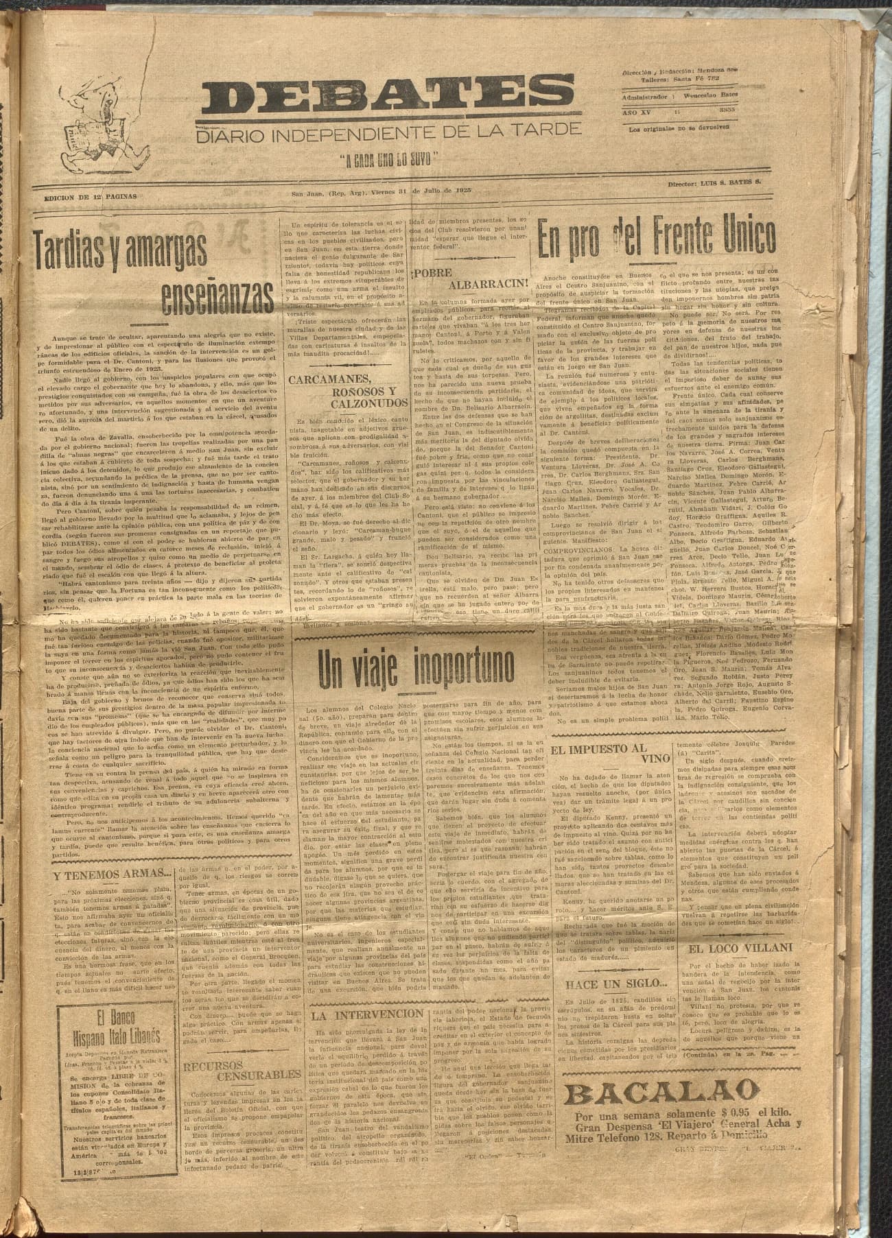 Portada · Diario Debates del 31 de julio de 1925
