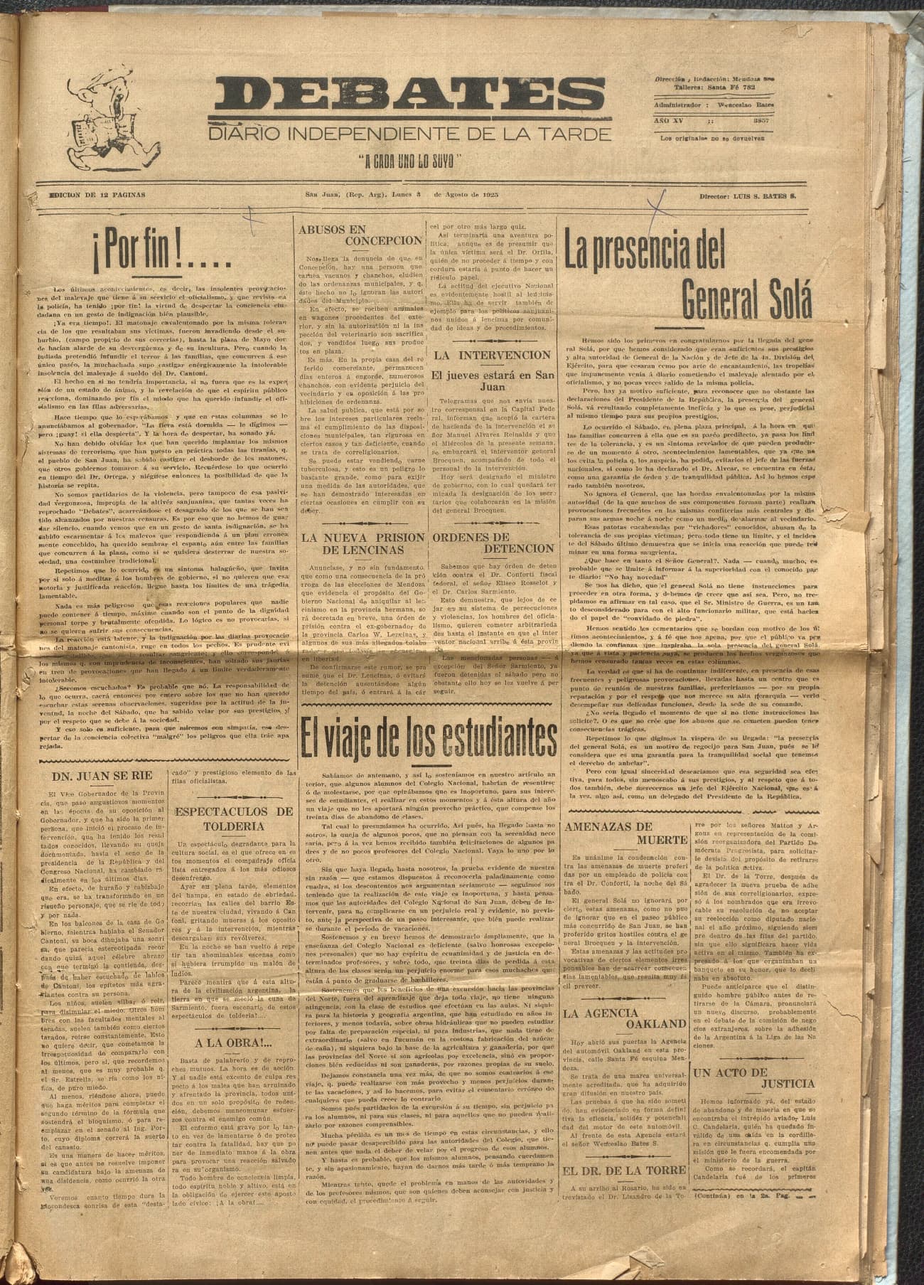 Portada · Diario Debates del 3 de agosto de 1925