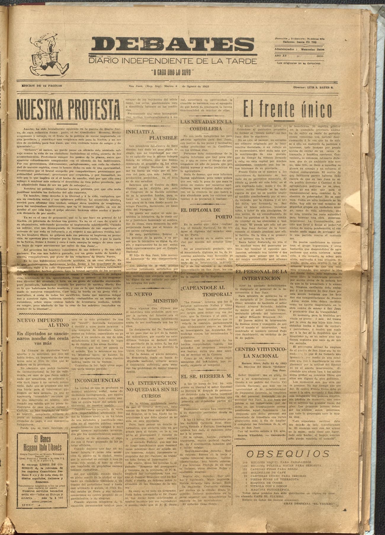 Portada · Diario Debates del 4 de agosto de 1925