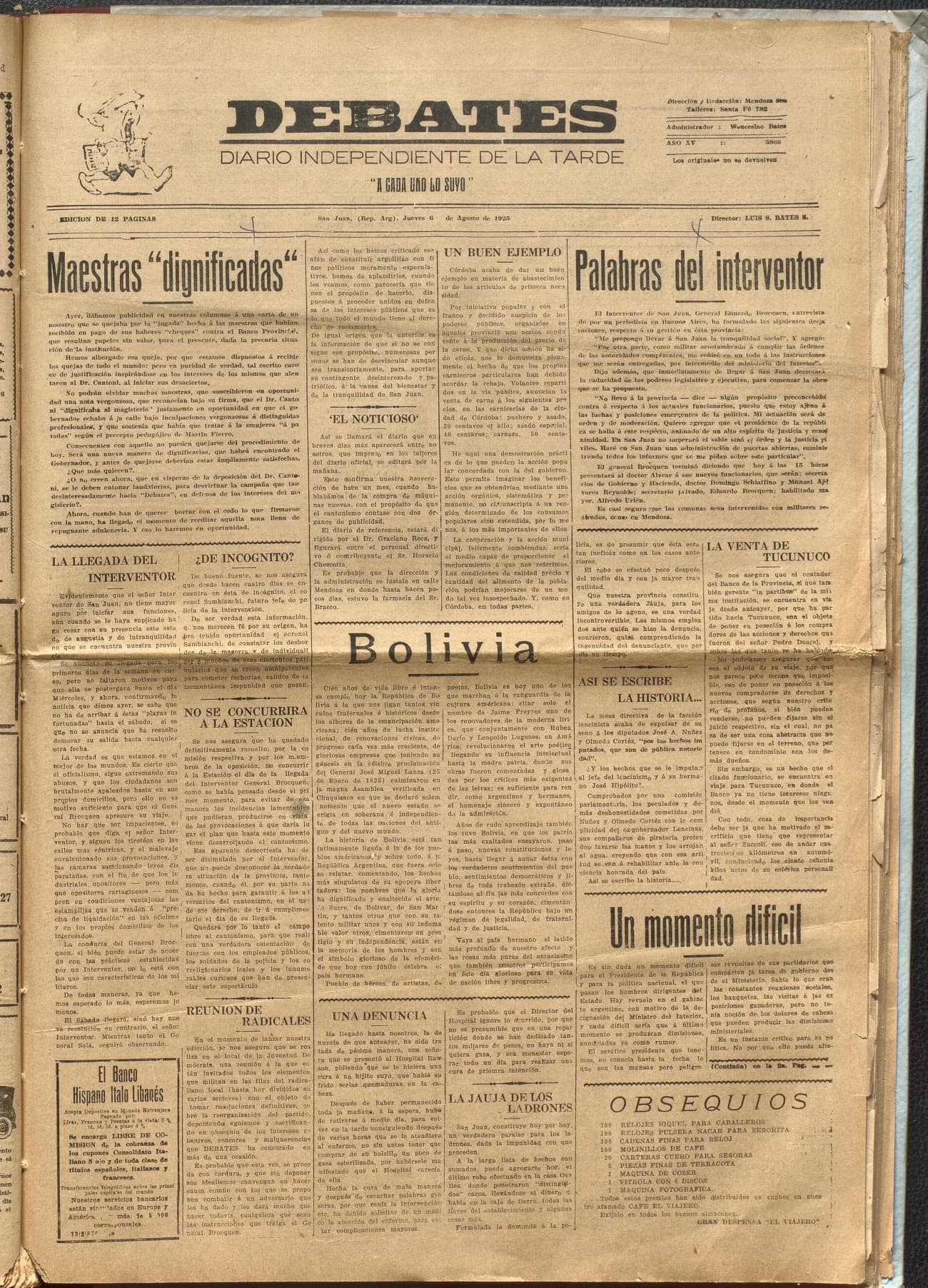 Portada · Diario Debates del 6 de agosto de 1925