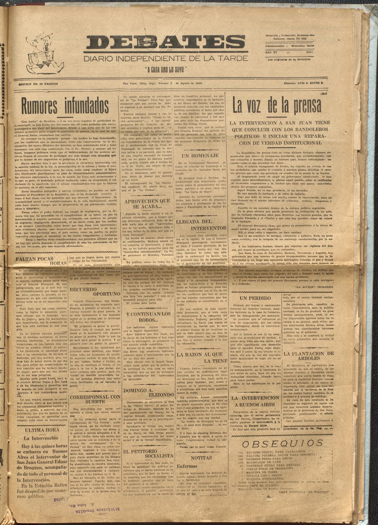Portada · Diario Debates del 7 de agosto de 1925