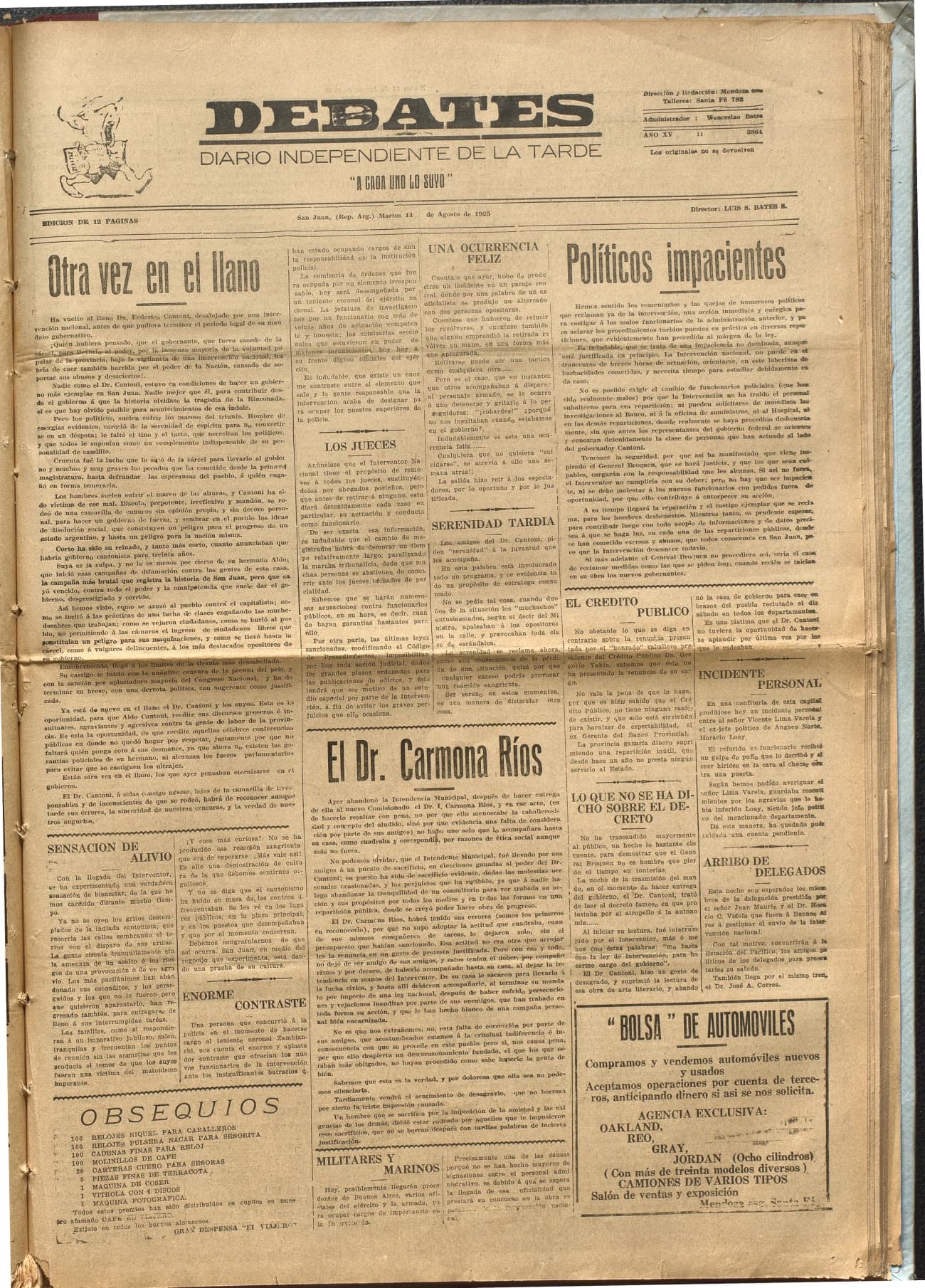 Portada · Diario Debates del 11 de agosto de 1925