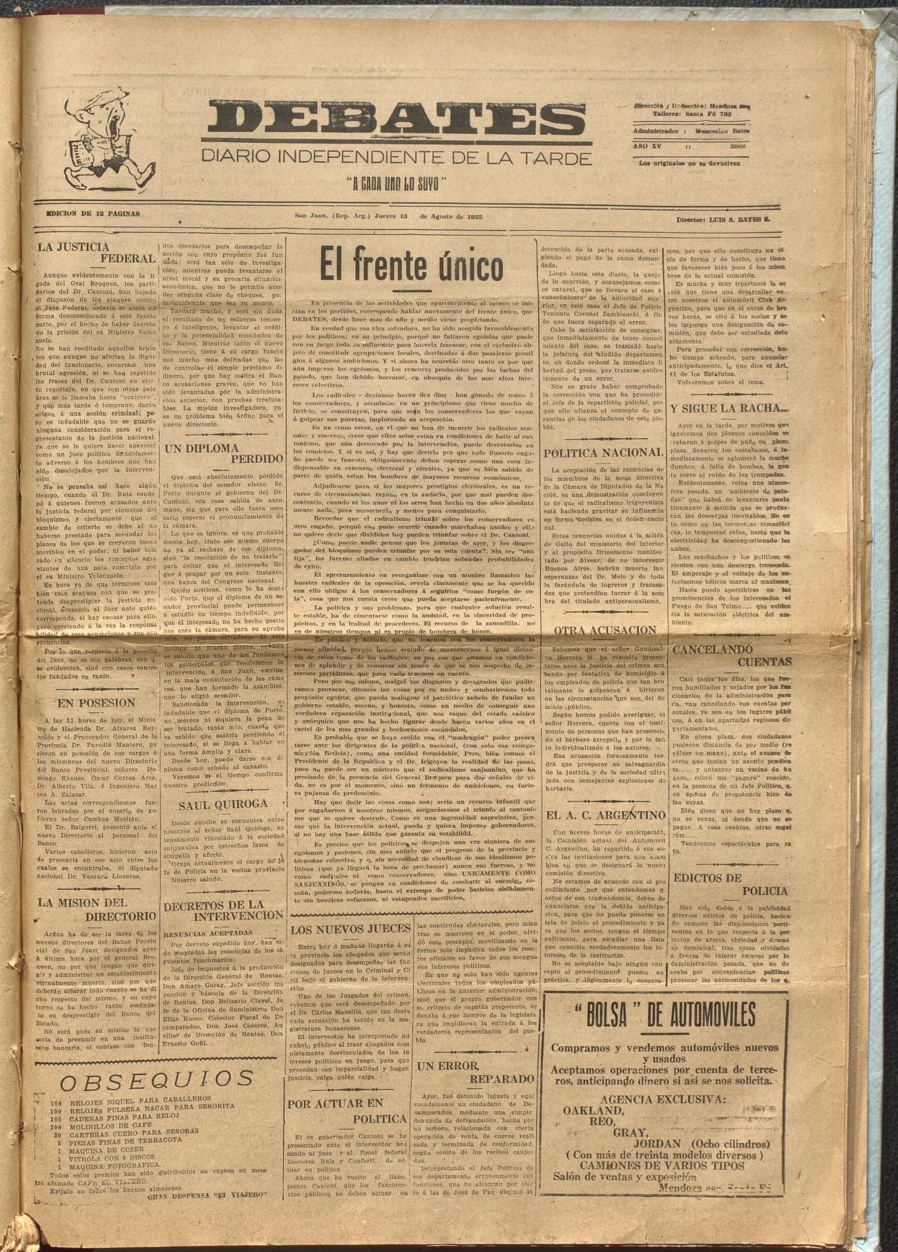 Portada · Diario Debates del 13 de agosto de 1925