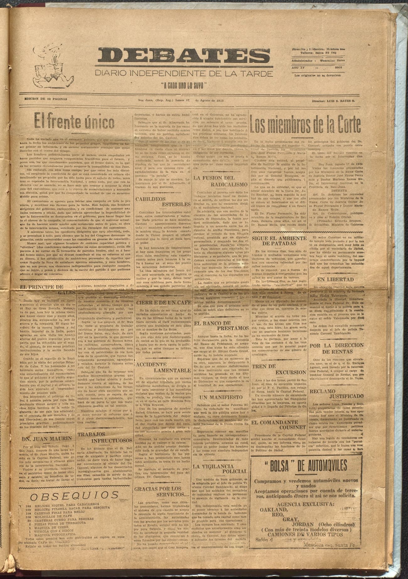 Portada · Diario Debates del 17 de agosto de 1925