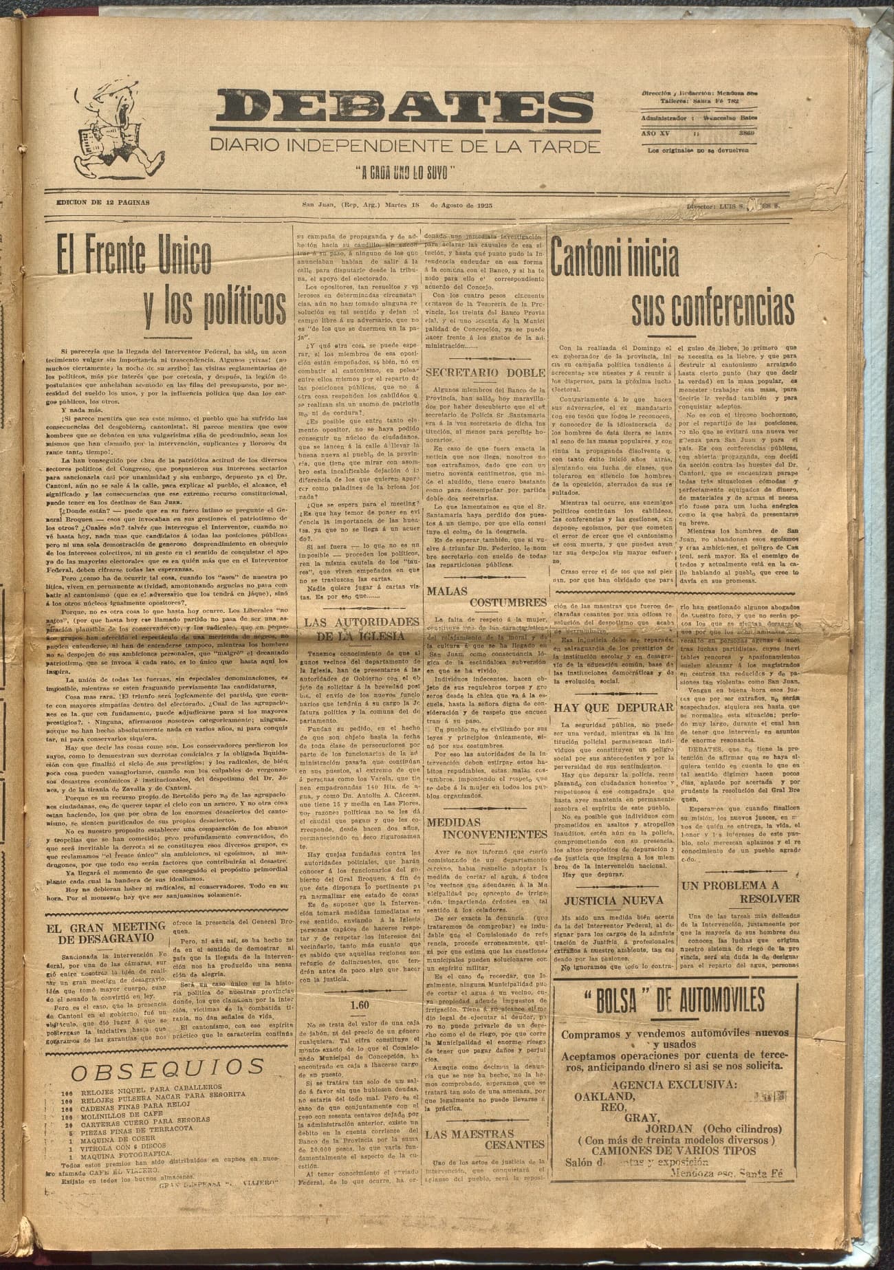 Portada · Diario Debates del 18 de agosto de 1925
