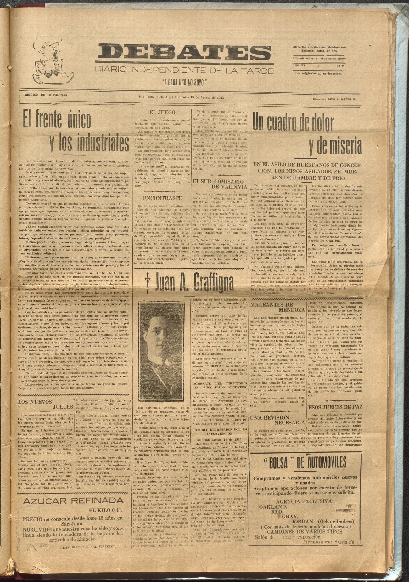 Portada · Diario Debates del 19 de agosto de 1925