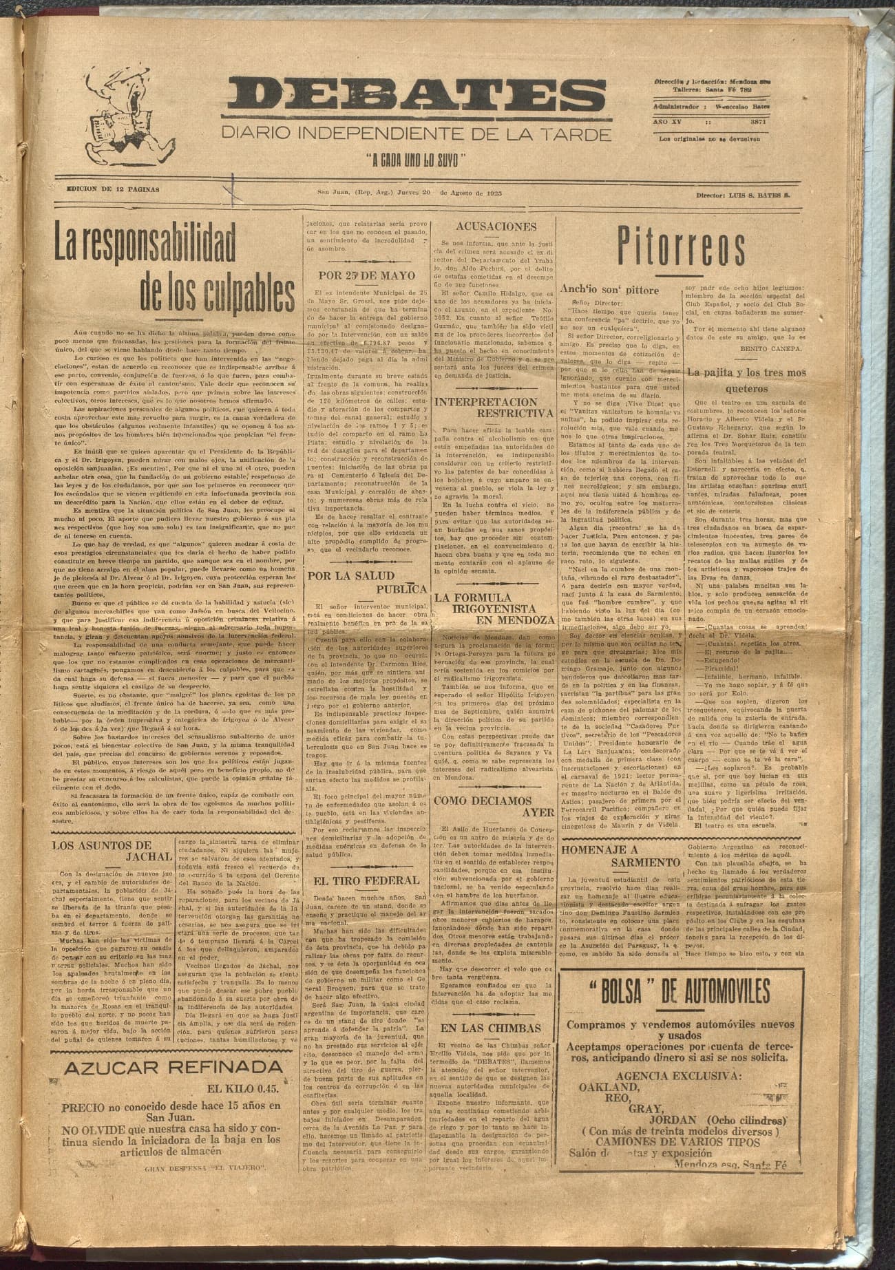 Portada · Diario Debates del 20 de agosto de 1925