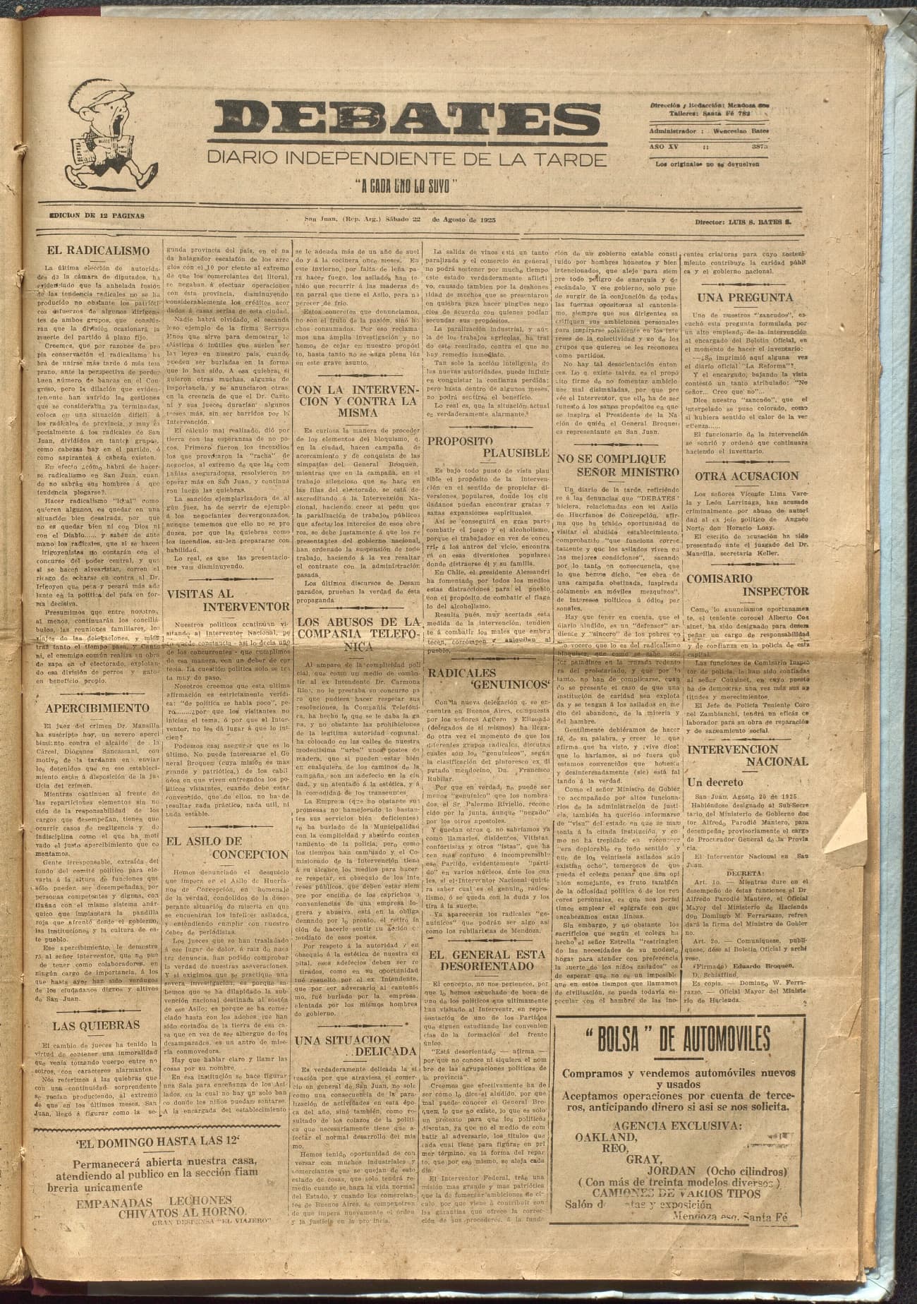 Portada · Diario Debates del 22 de agosto de 1925