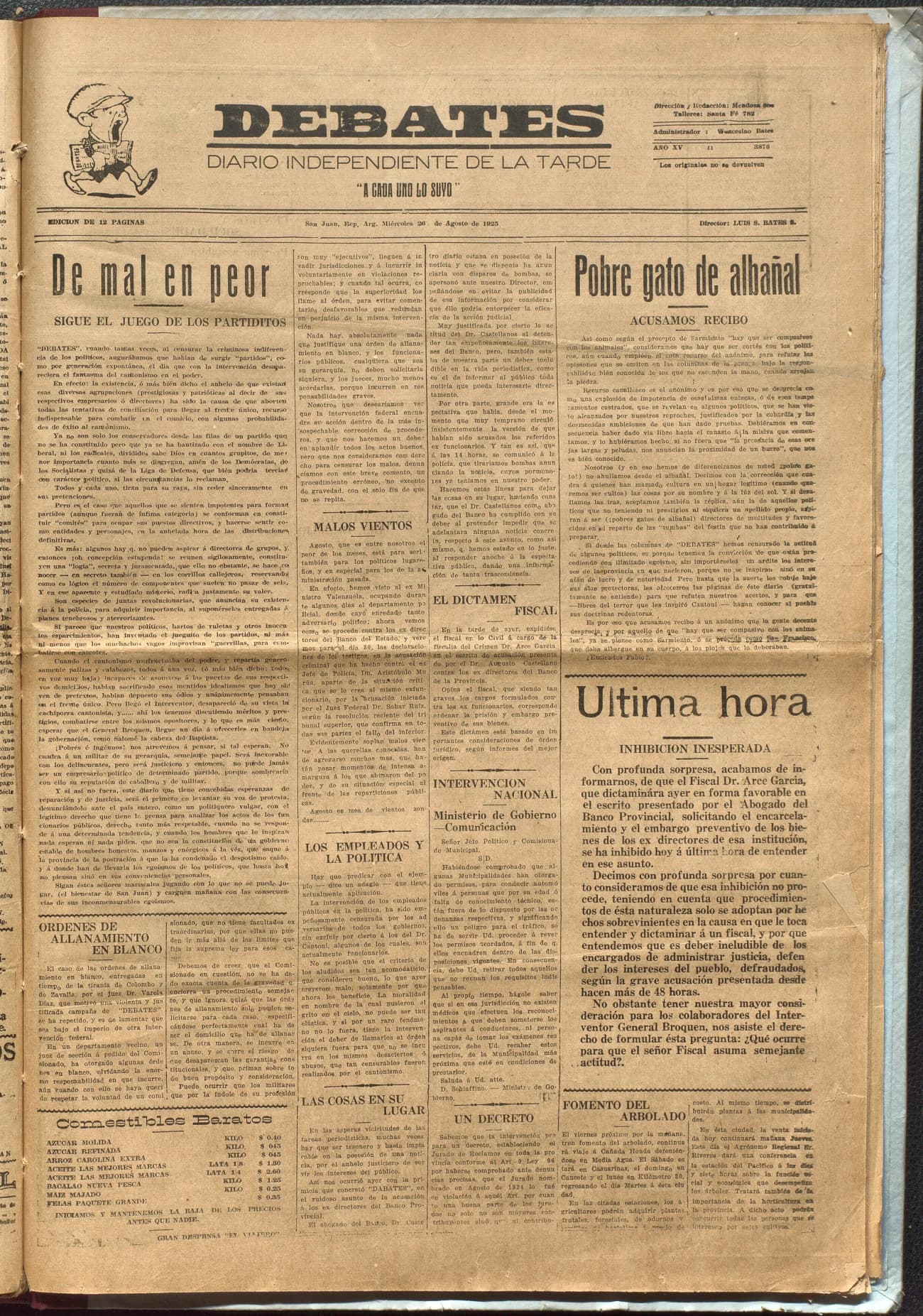 Portada · Diario Debates del 26 de agosto de 1925