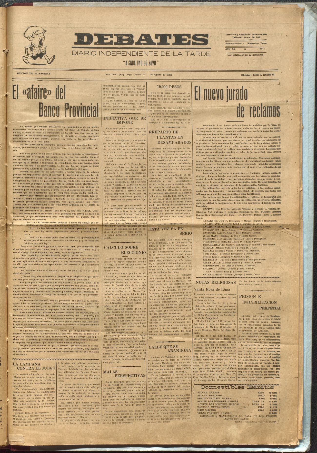 Portada · Diario Debates del 27 de agosto de 1925