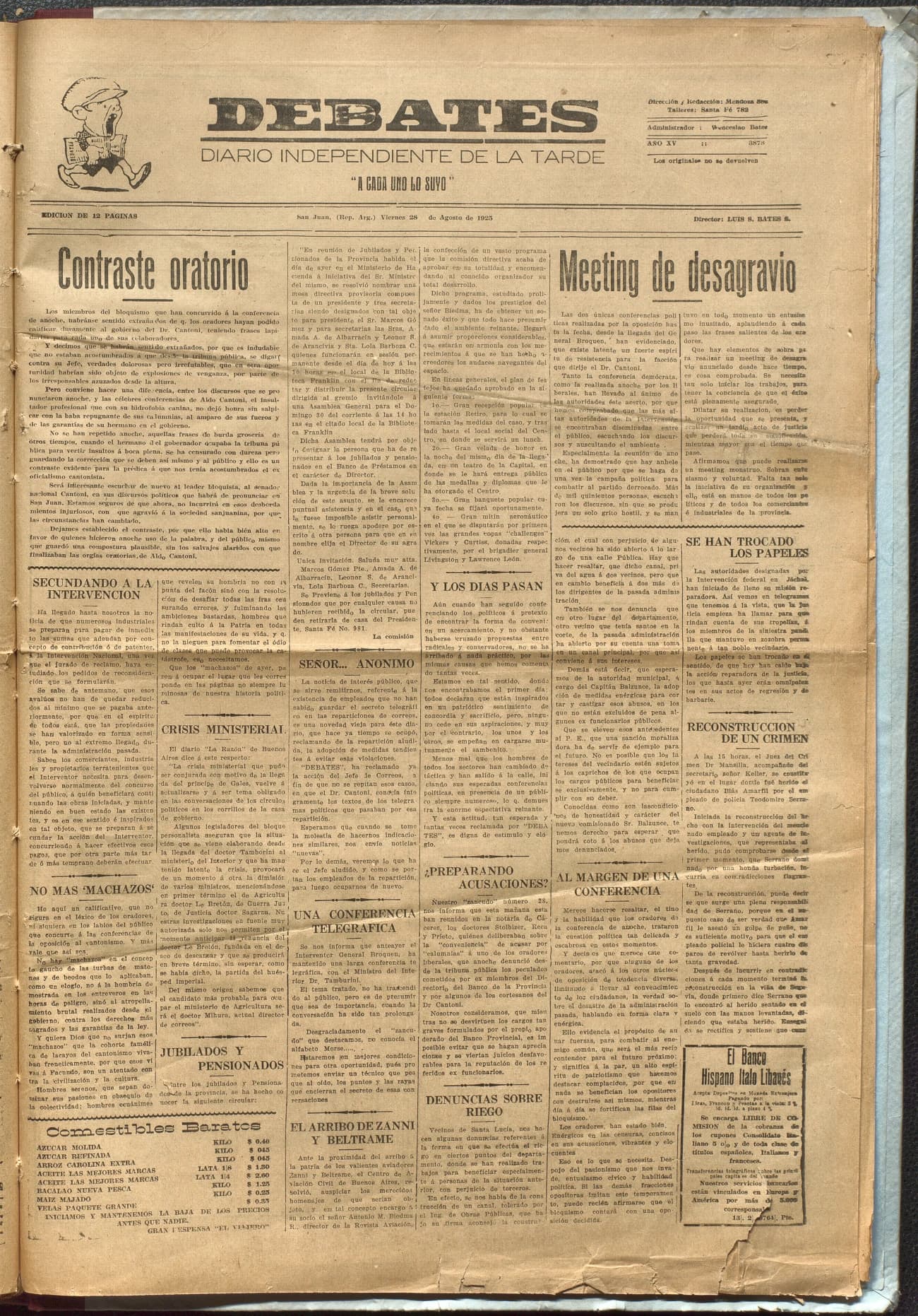 Portada · Diario Debates del 28 de agosto de 1925
