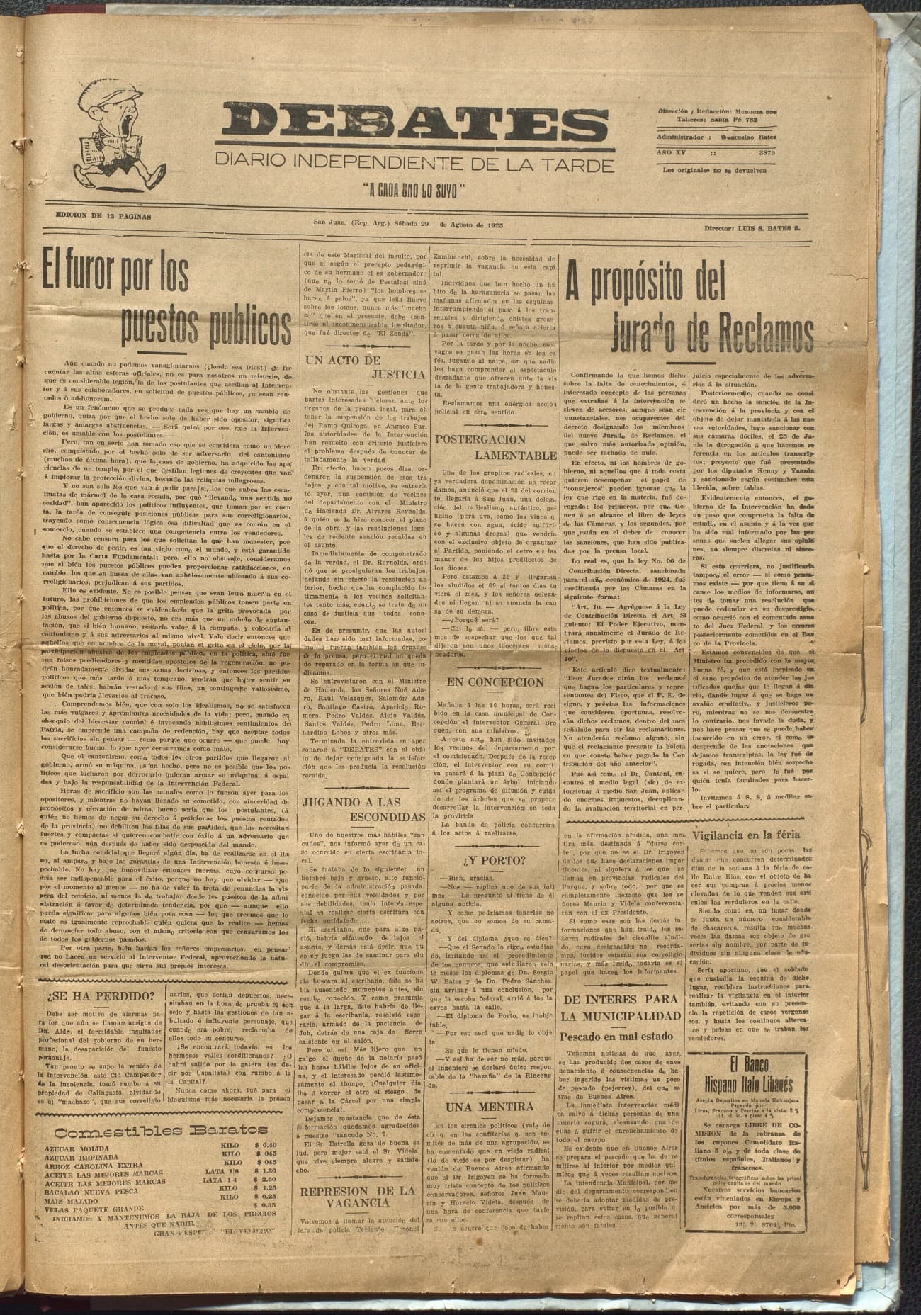 Portada · Diario Debates del 29 de agosto de 1925