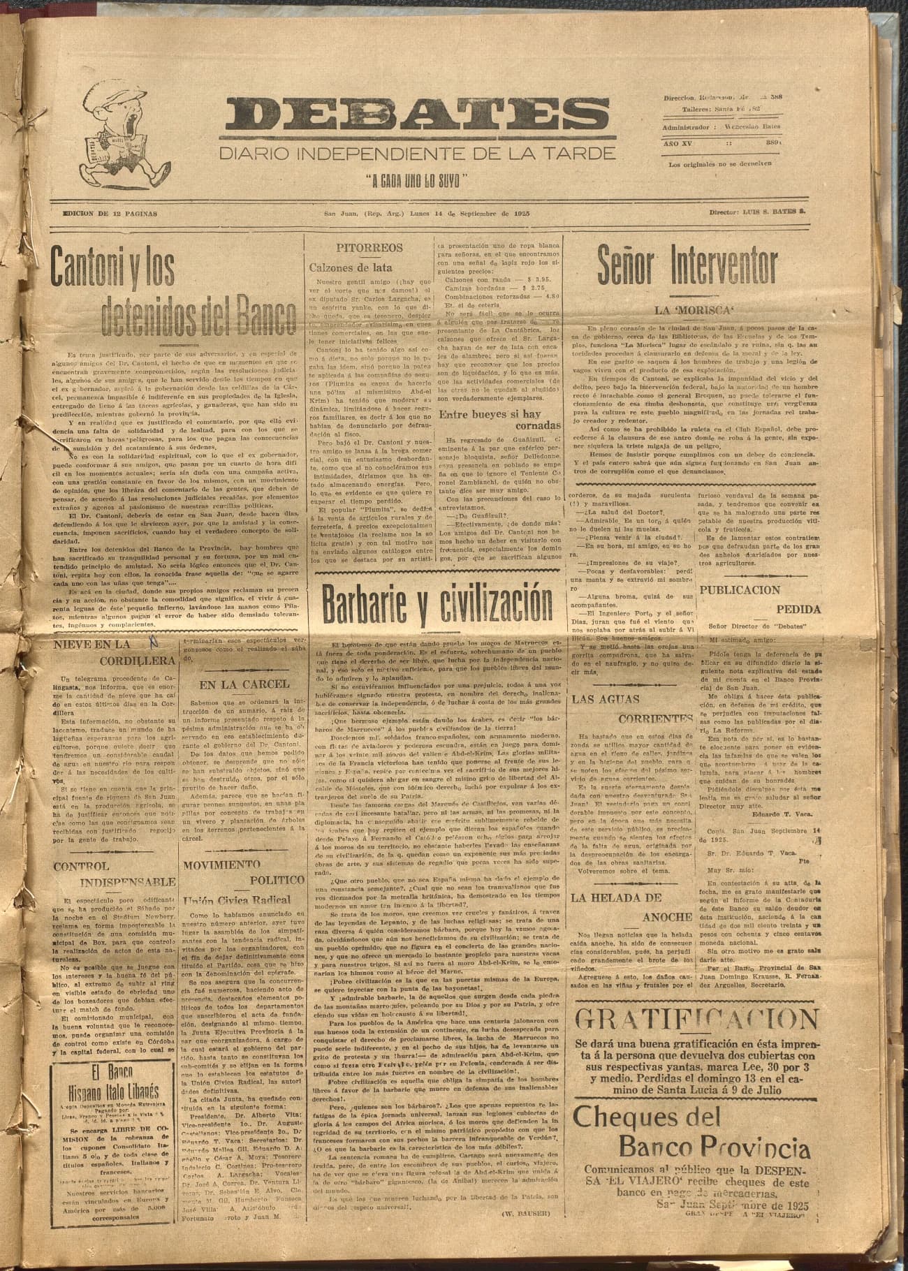 Portada · Diario Debates del 14 de septiembre de 1925