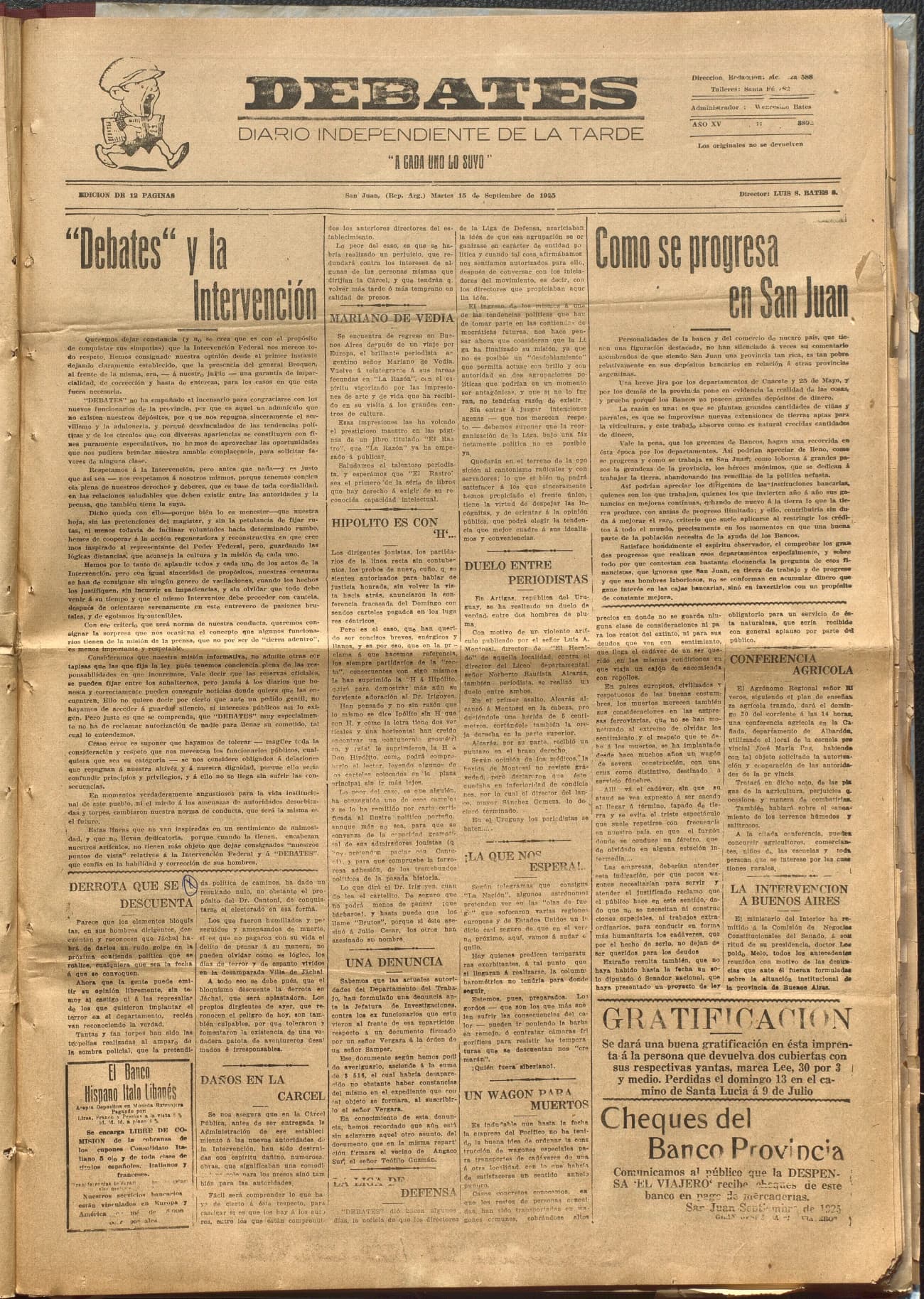 Portada · Diario Debates del 15 de septiembre de 1925