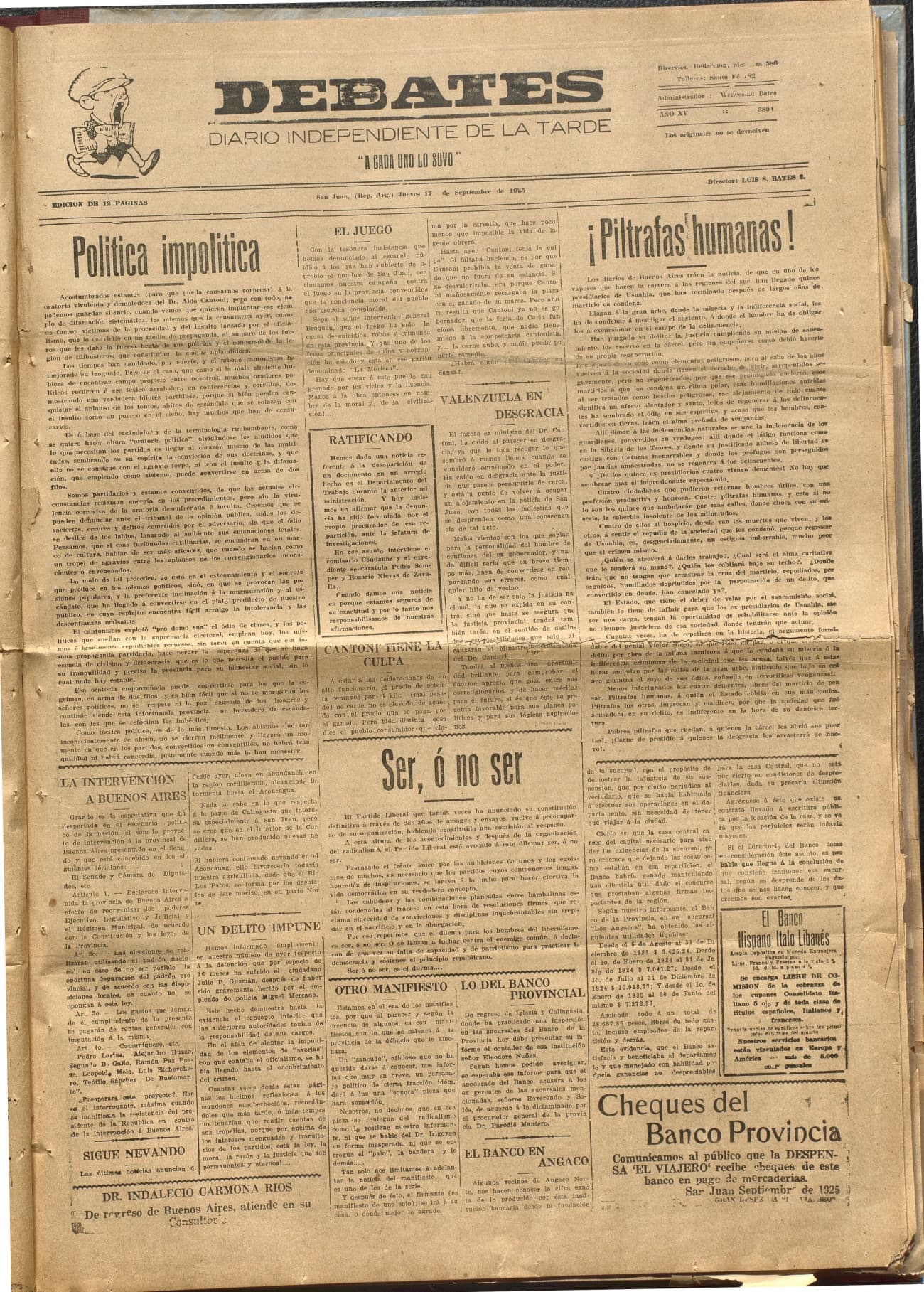 Portada · Diario Debates del 17 de septiembre de 1925