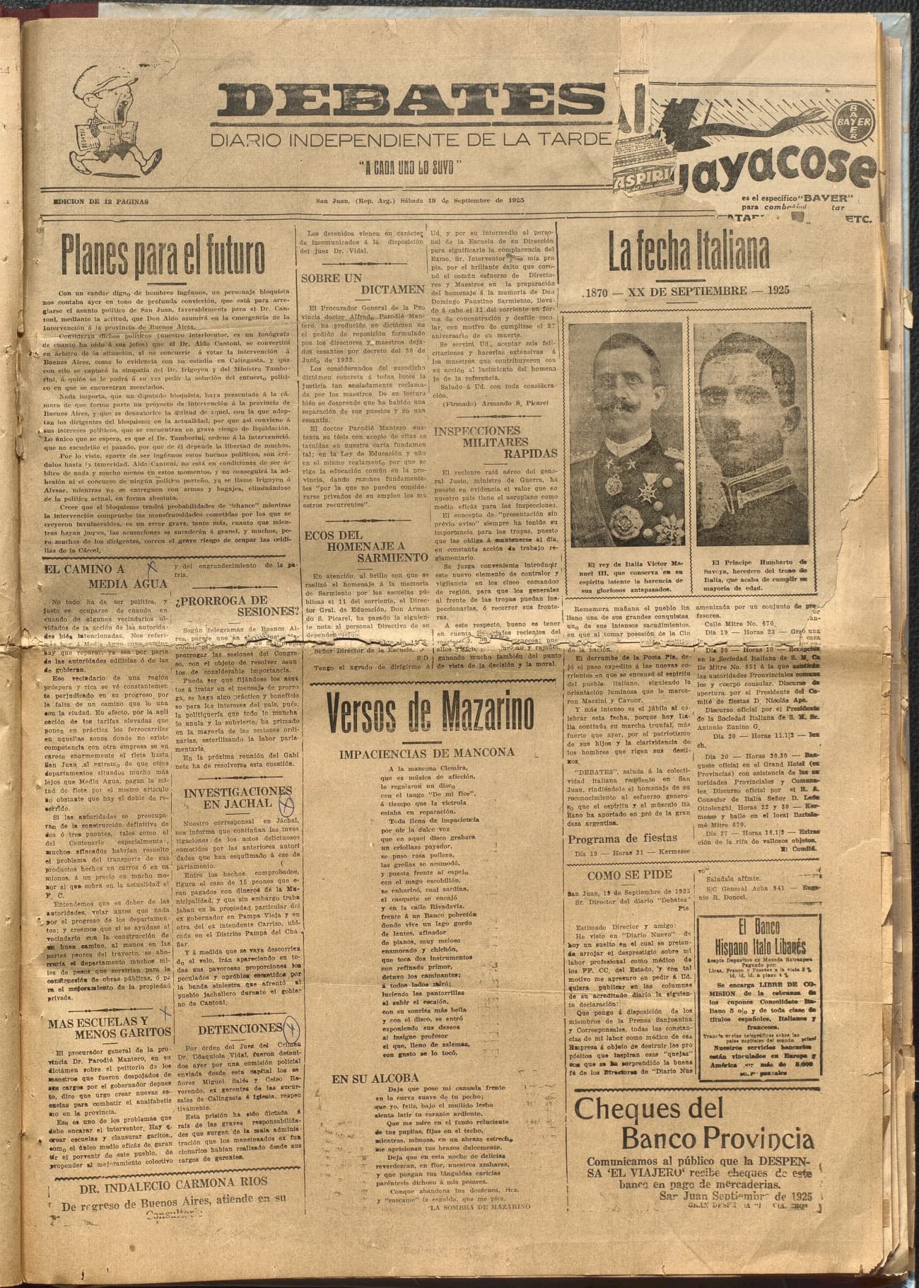 Portada · Diario Debates del 19 de septiembre de 1925