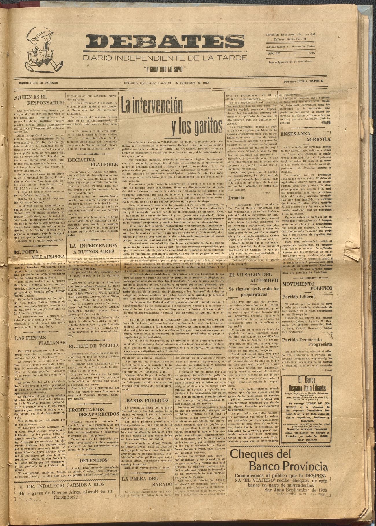 Portada · Diario Debates del 21 de septiembre de 1925