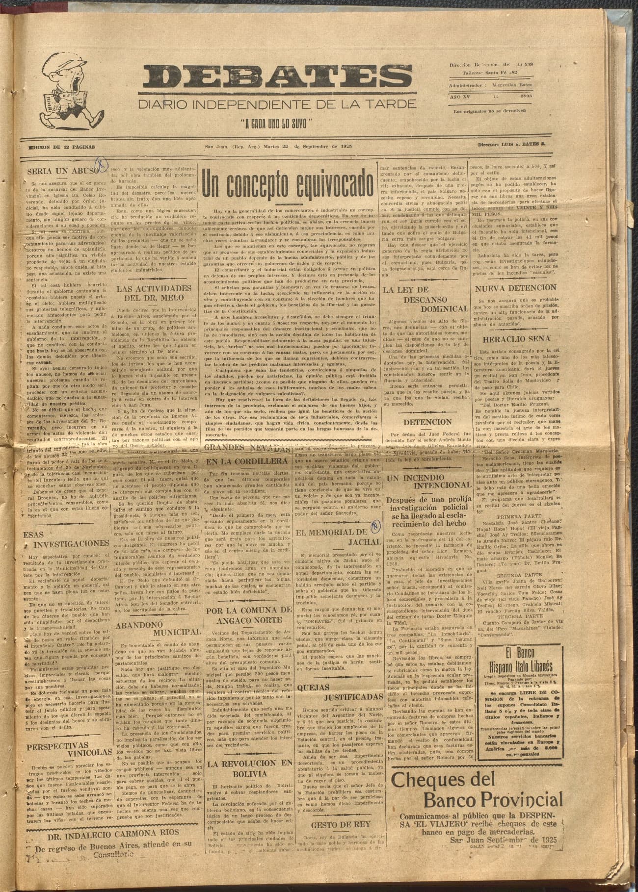 Portada · Diario Debates del 22 de septiembre de 1925