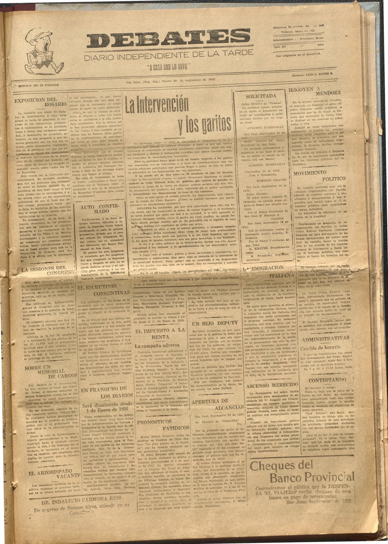 Portada · Diario Debates del 29 de septiembre de 1925