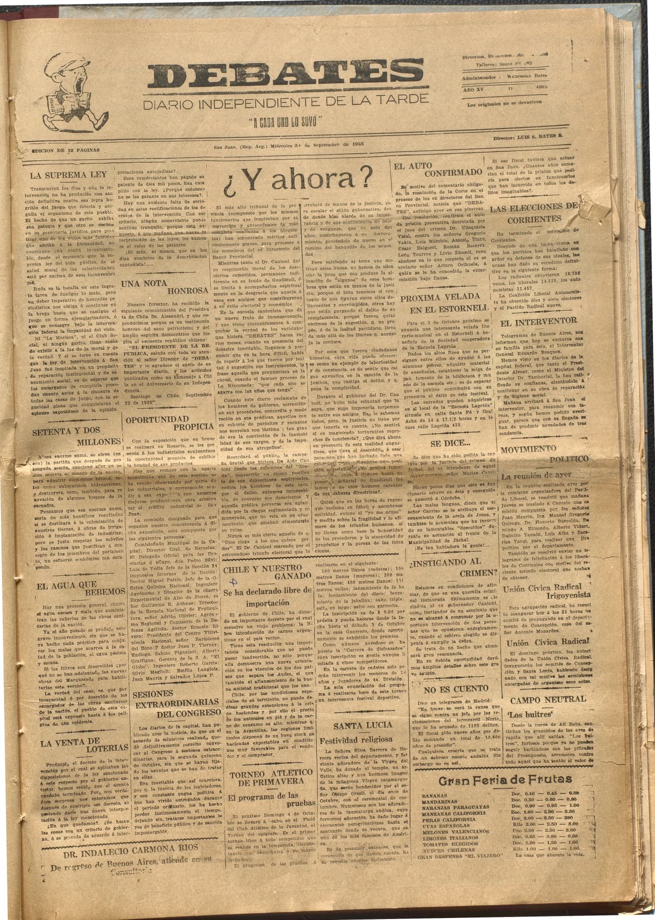 Portada · Diario Debates del 31 de septiembre de 1925