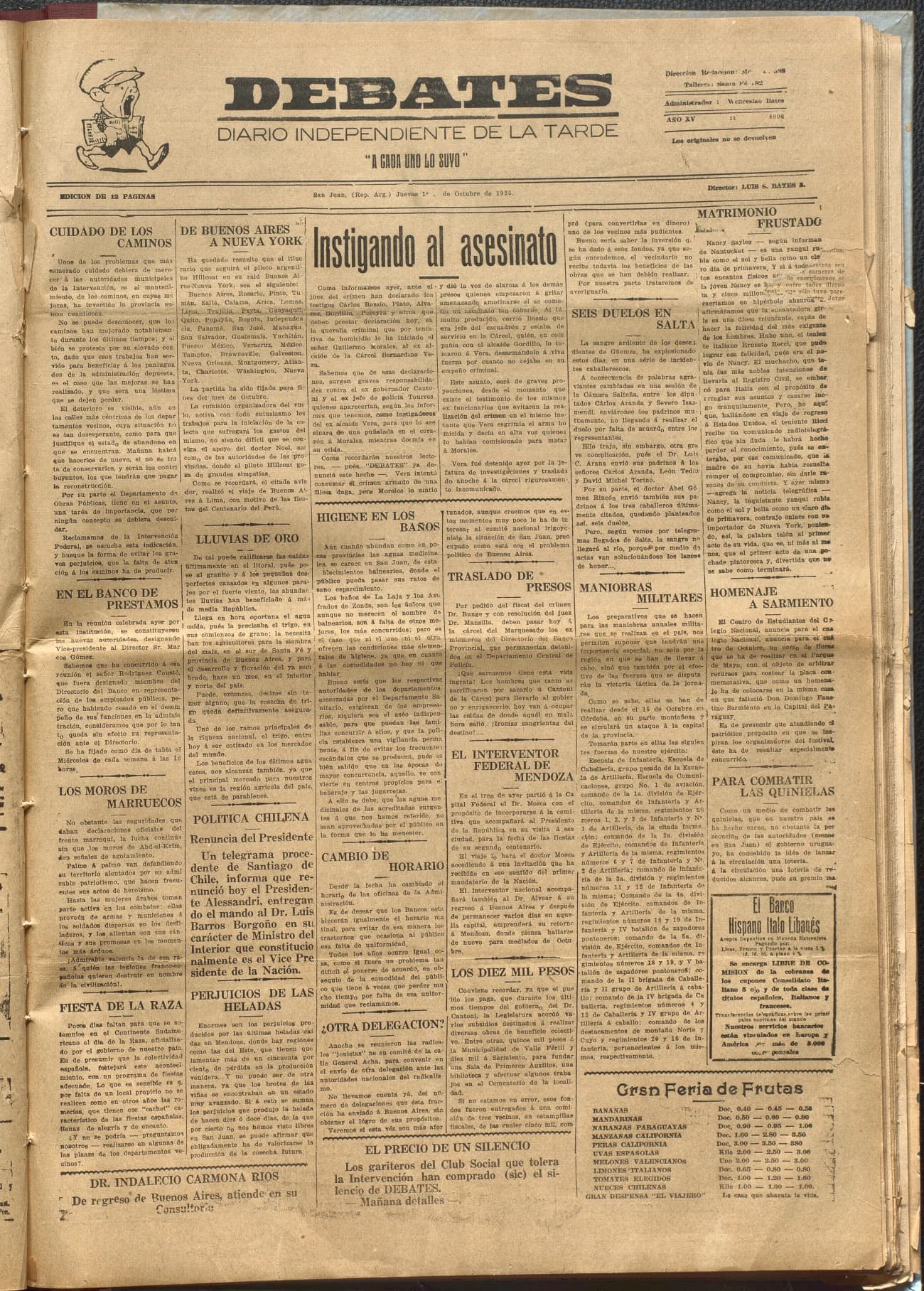 Portada · Diario Debates del 1 de octubre de 1925
