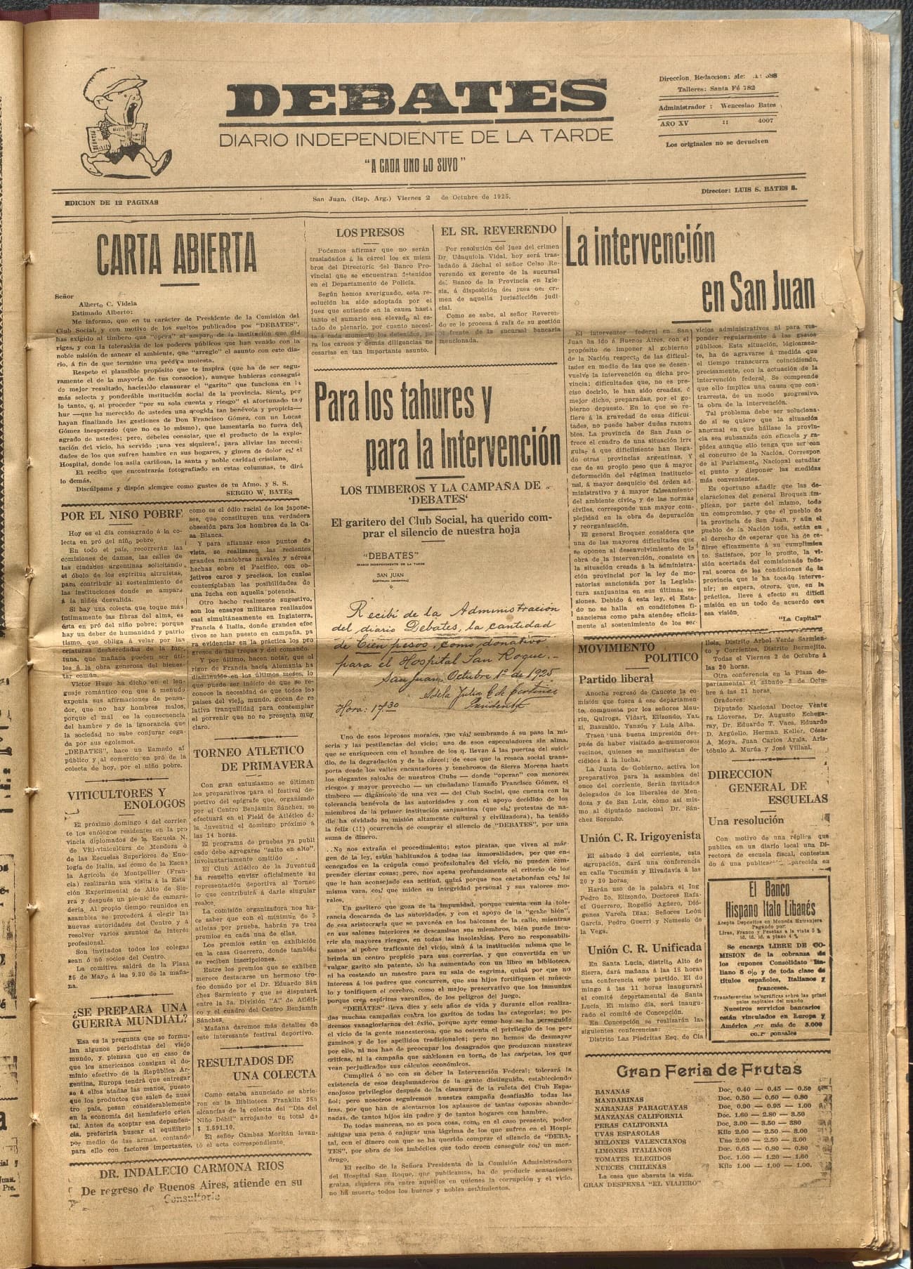 Portada · Diario Debates del 2 de octubre de 1925