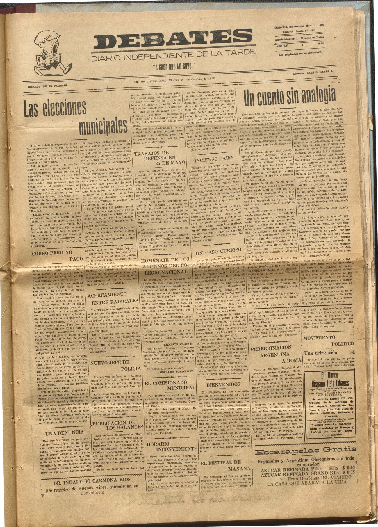 Portada · Diario Debates del 9 de octubre de 1925