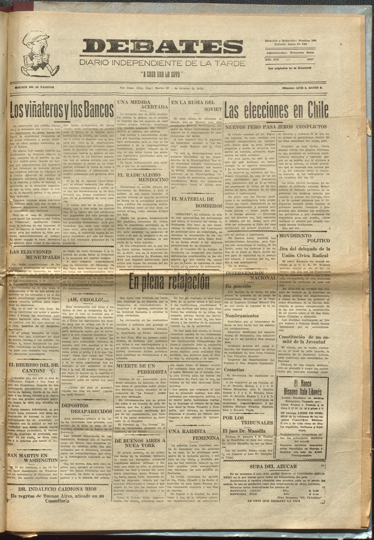 Portada · Diario Debates del 27 de octubre de 1925