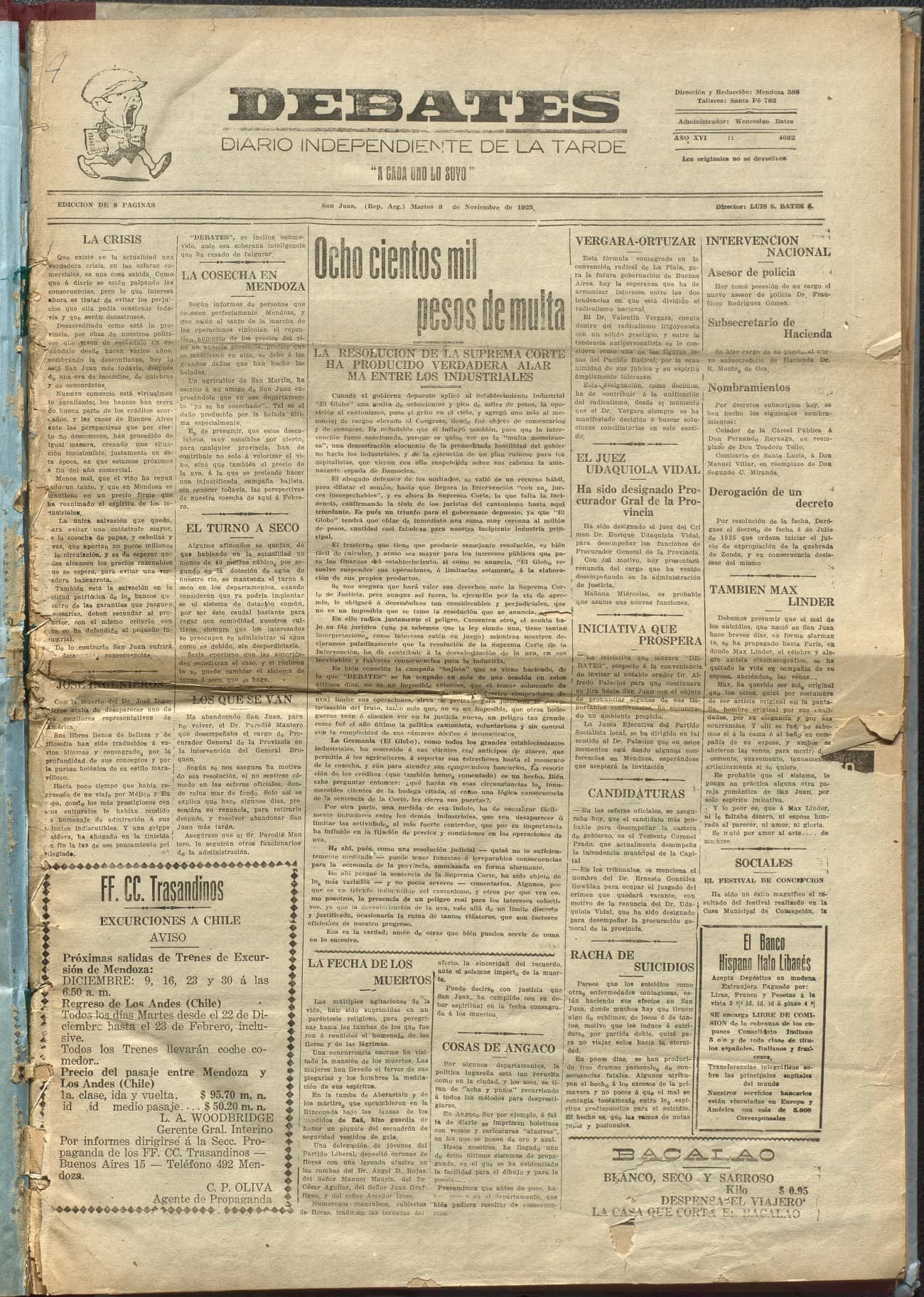 Portada · Diario Debates del 3 de noviembre de 1925