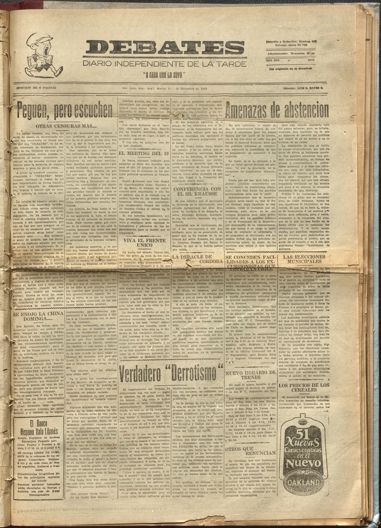 Portada · Diario Debates del 1 de diciembre de 1925