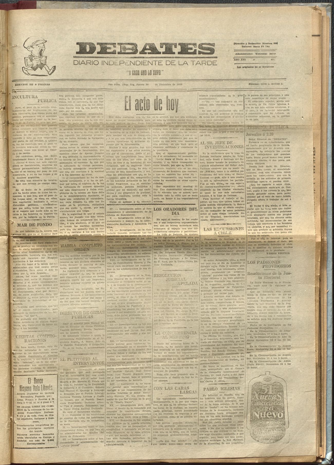Portada · Diario Debates del 10 de diciembre de 1925
