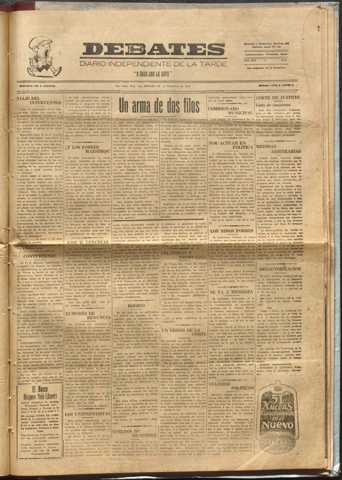Portada · Diario Debates del 16 de diciembre de 1925