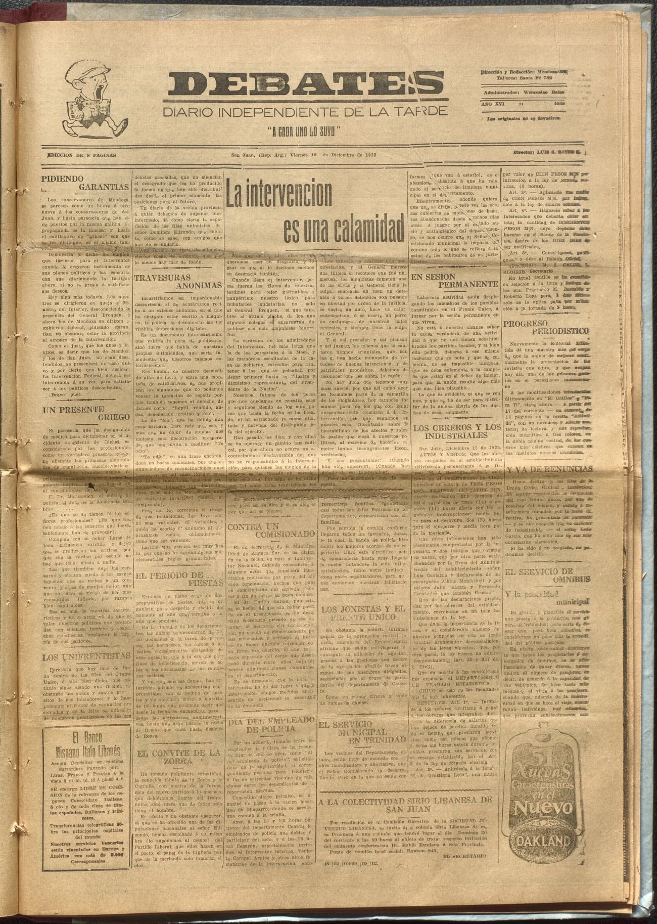 Portada · Diario Debates del 18 de diciembre de 1925