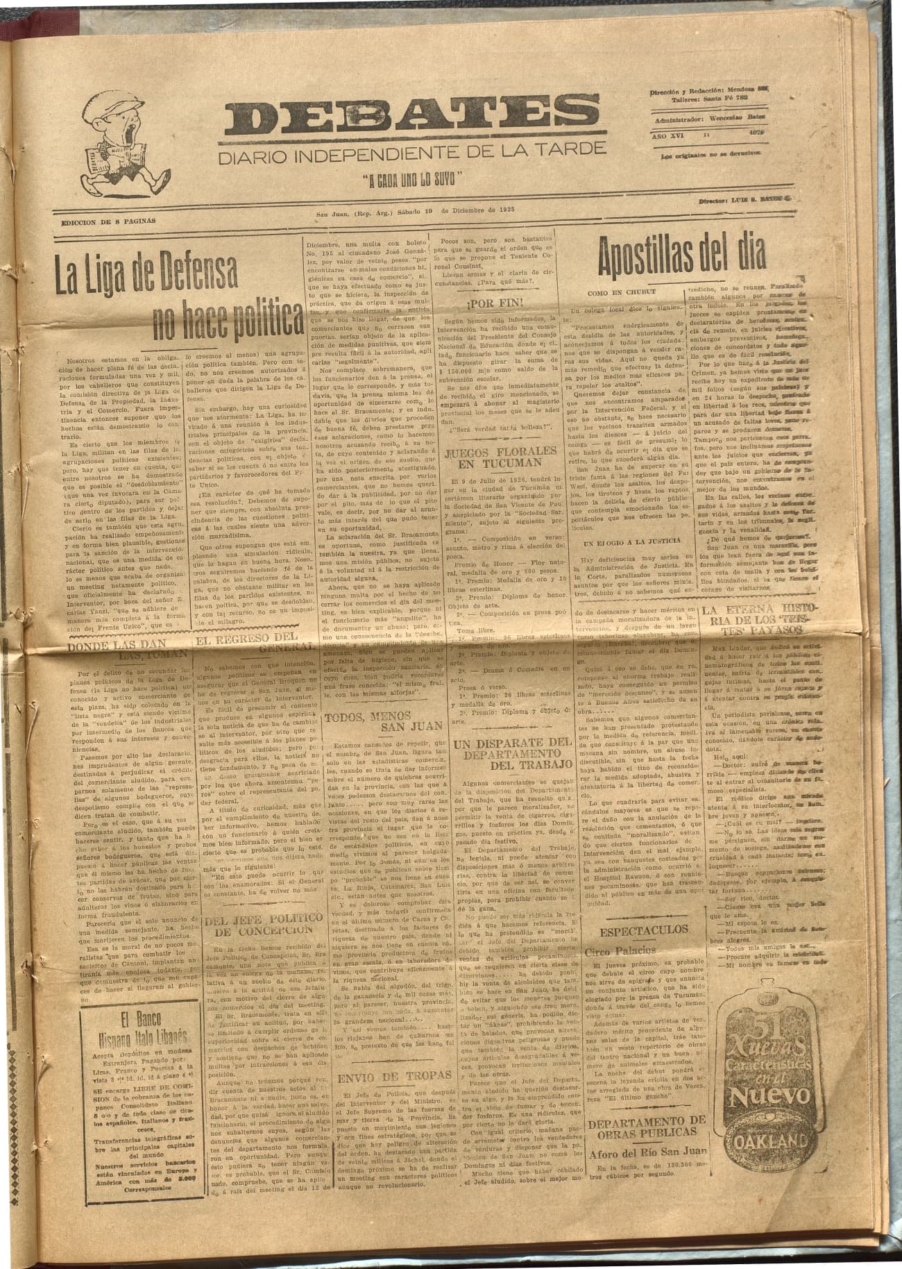 Portada · Diario Debates del 19 de diciembre de 1925