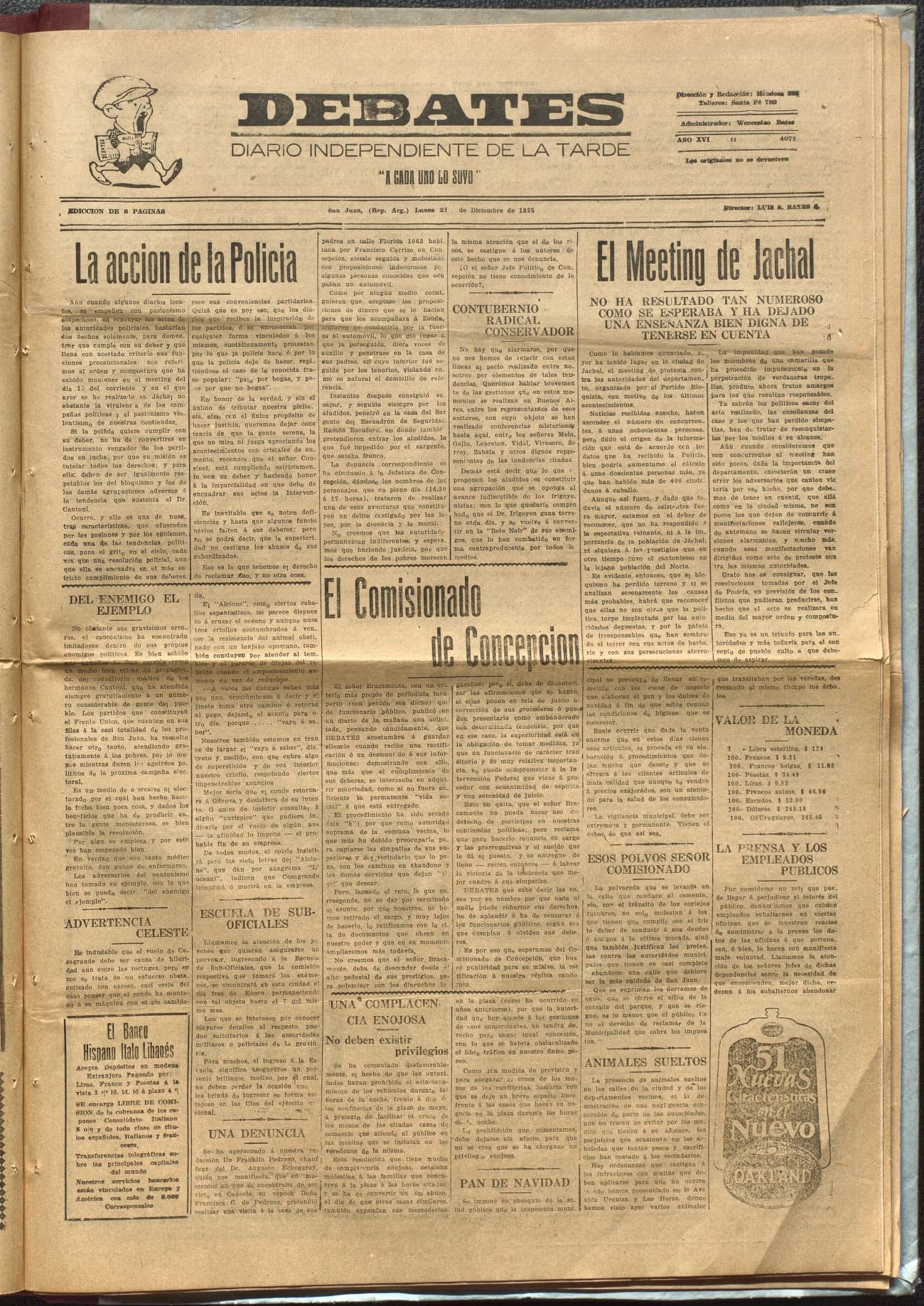 Portada · Diario Debates del 21 de diciembre de 1925