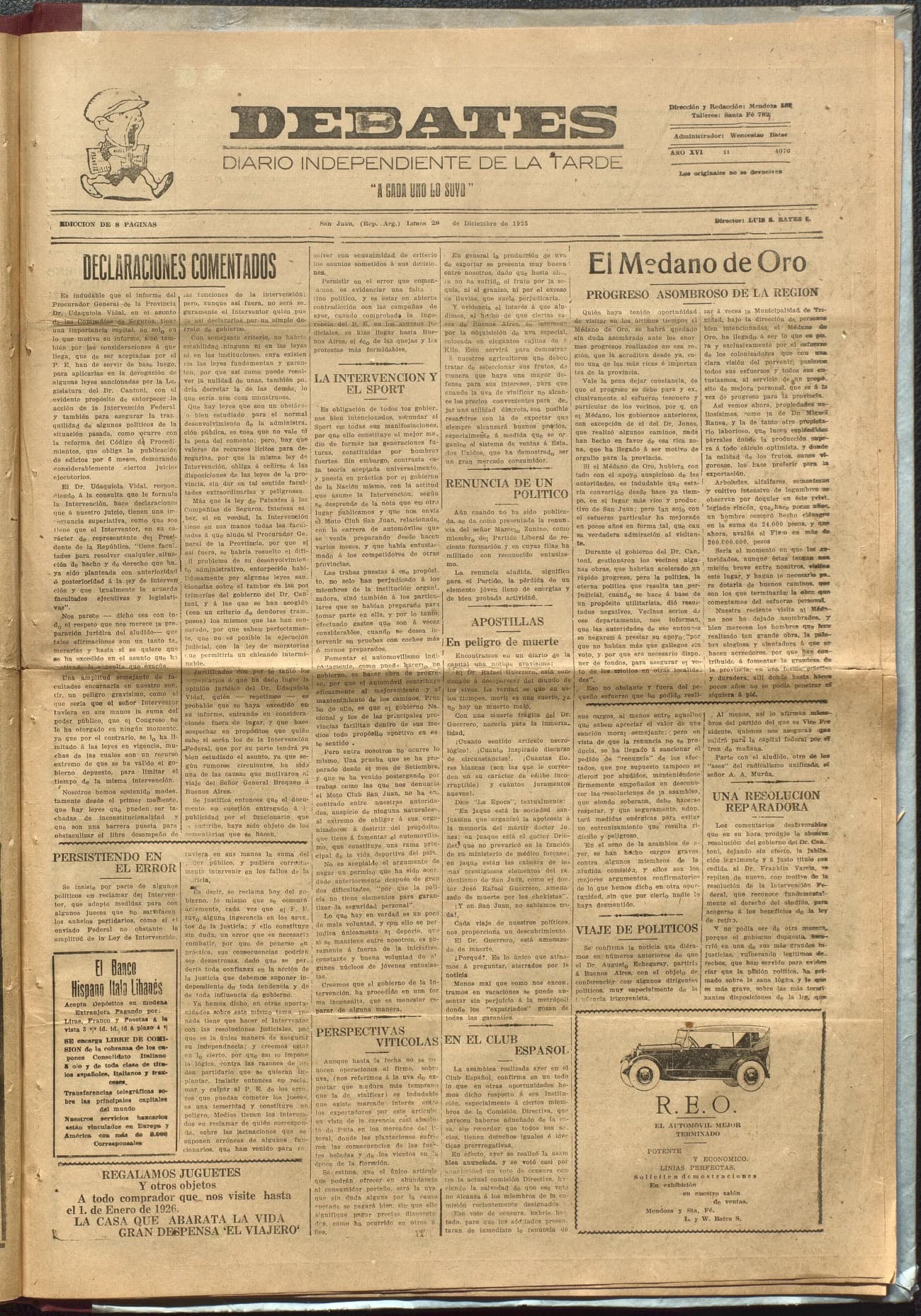 Portada · Diario Debates del 28 de diciembre de 1925