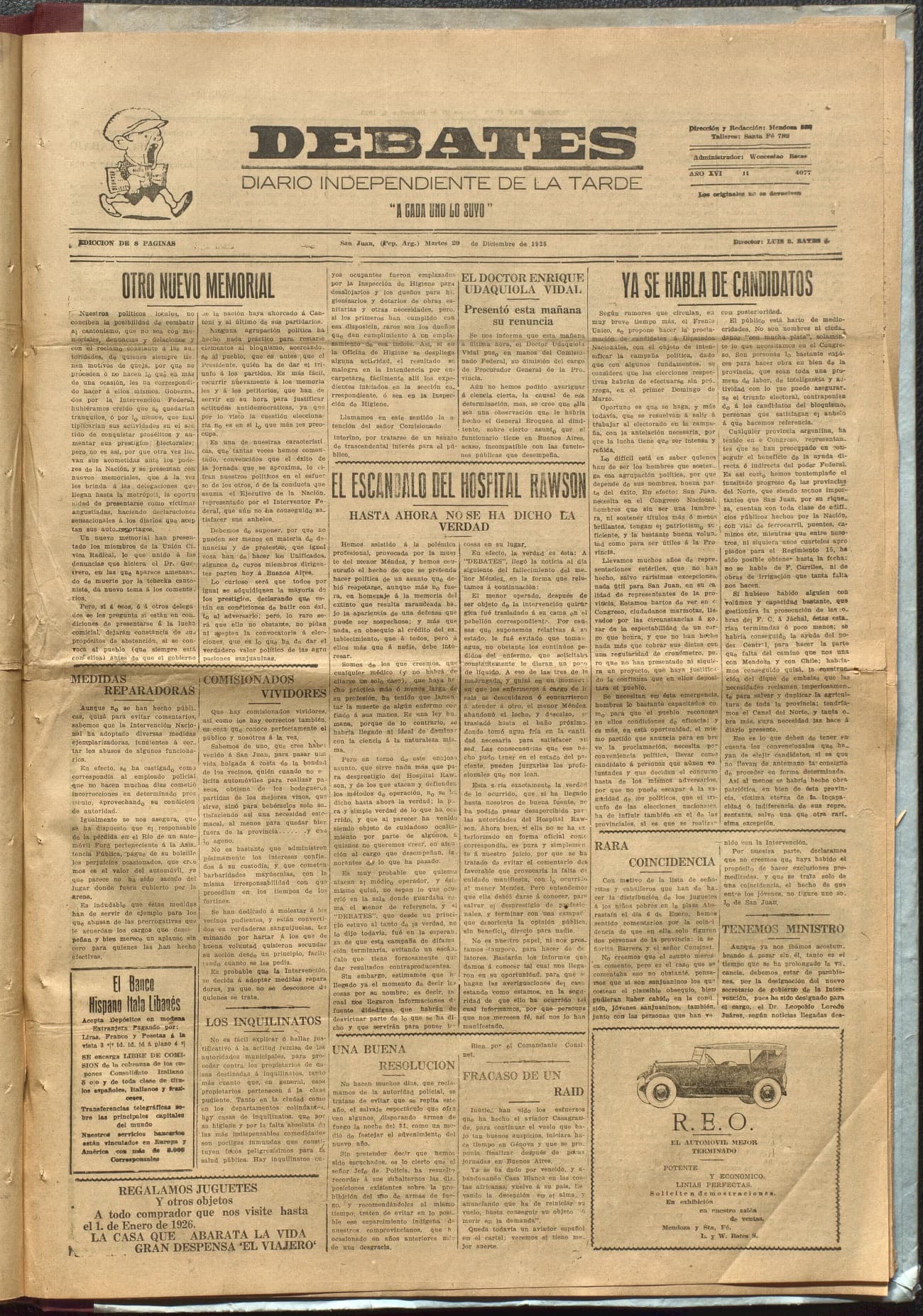 Portada · Diario Debates del 29 de diciembre de 1925