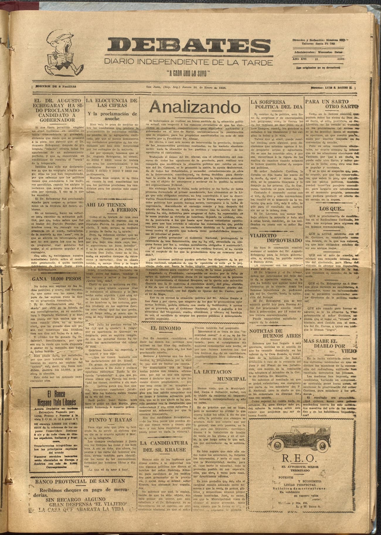 Portada · Diario Debates del 14 de enero de 1926