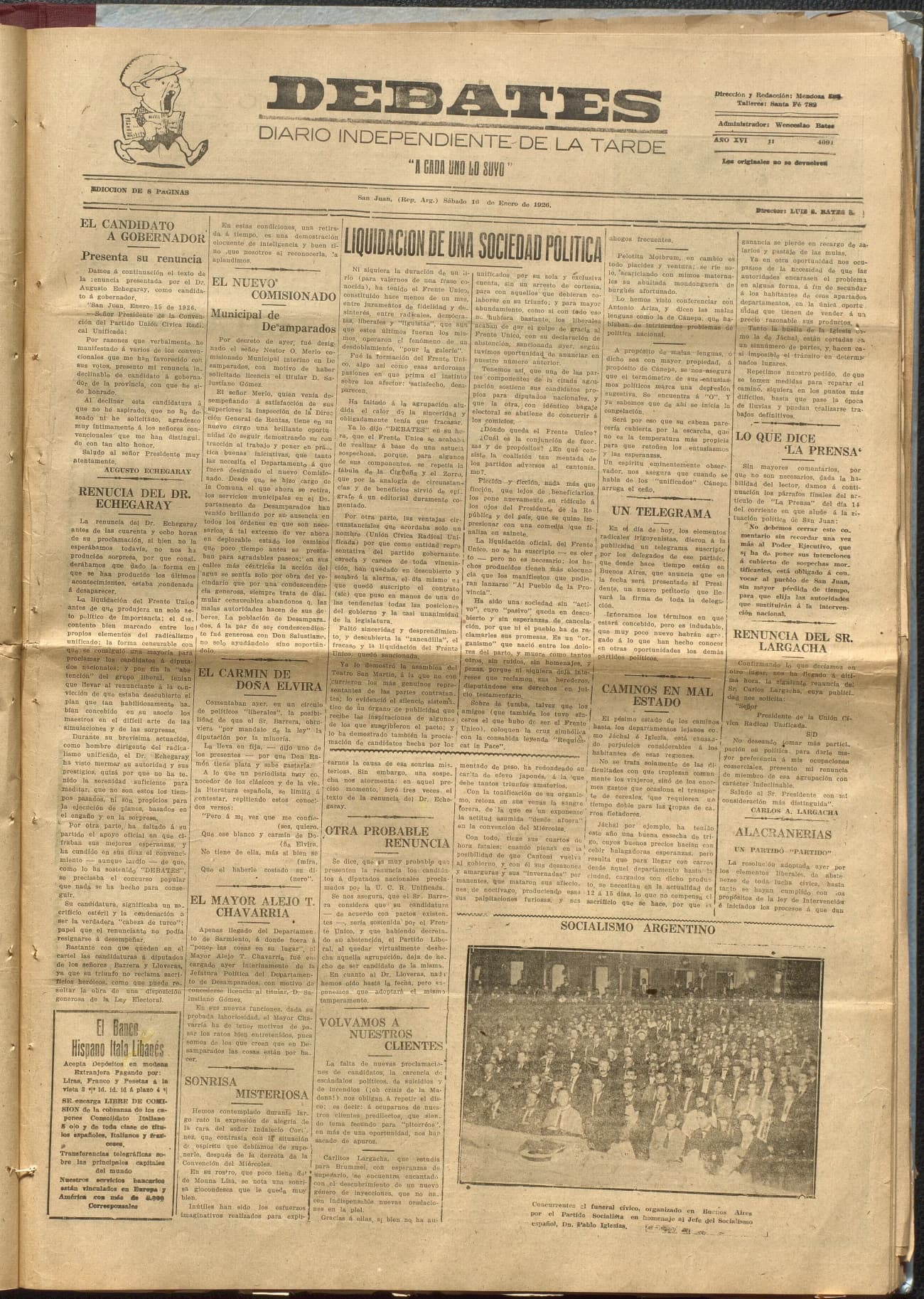 Portada · Diario Debates del 16 de enero de 1926