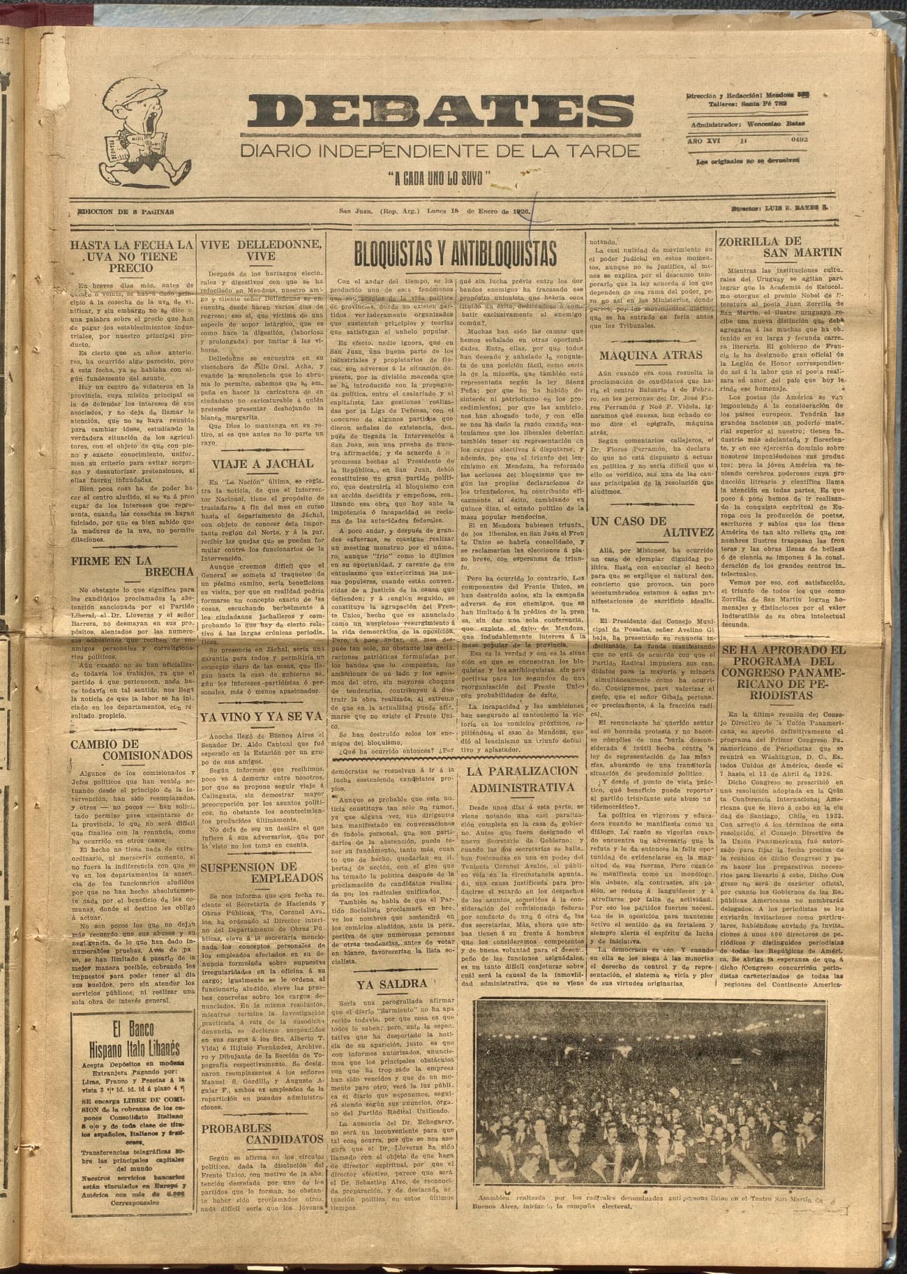Portada · Diario Debates del 18 de enero de 1926