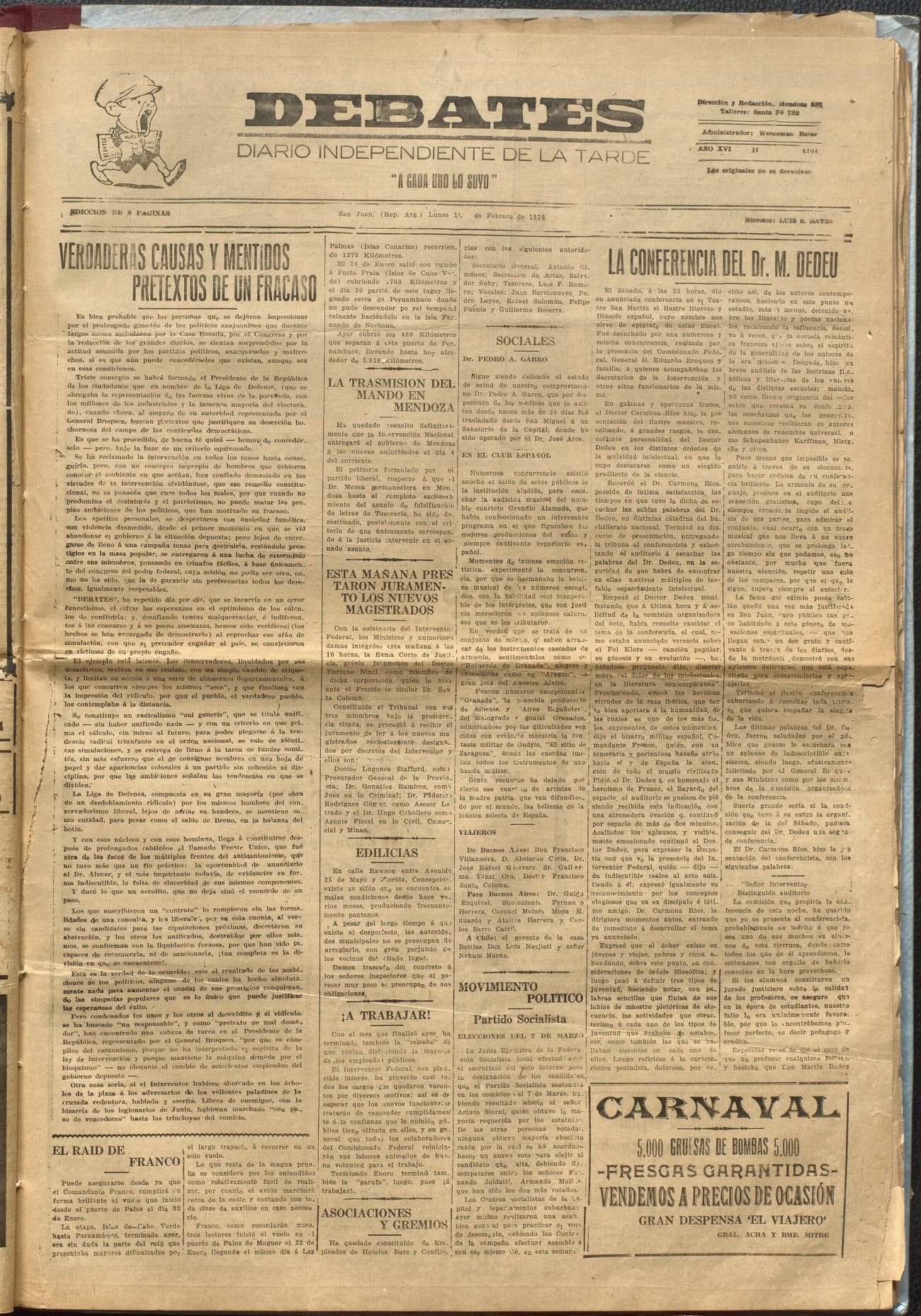 Portada · Diario Debates del 1 de febrero de 1926