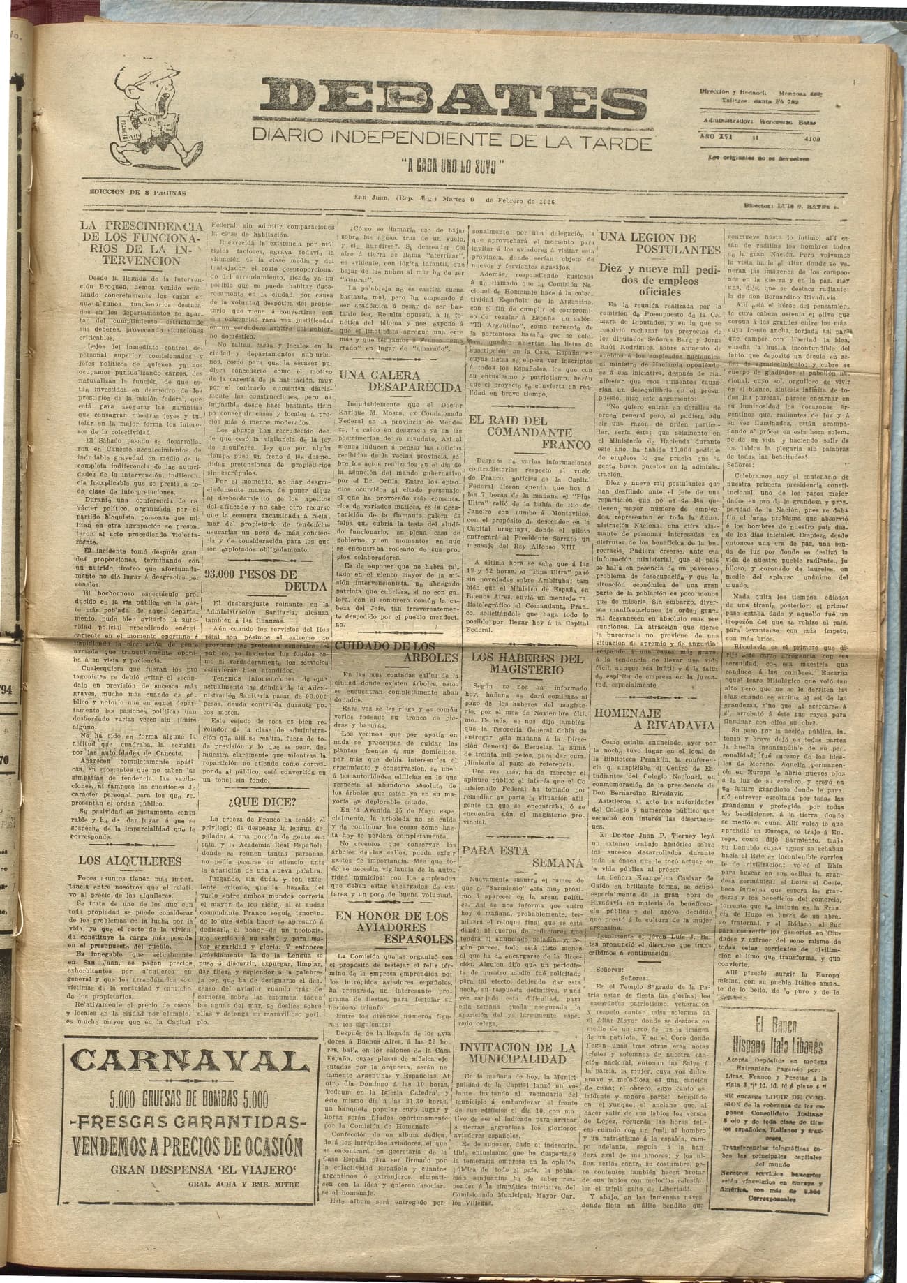 Portada · Diario Debates del 9 de febrero de 1926