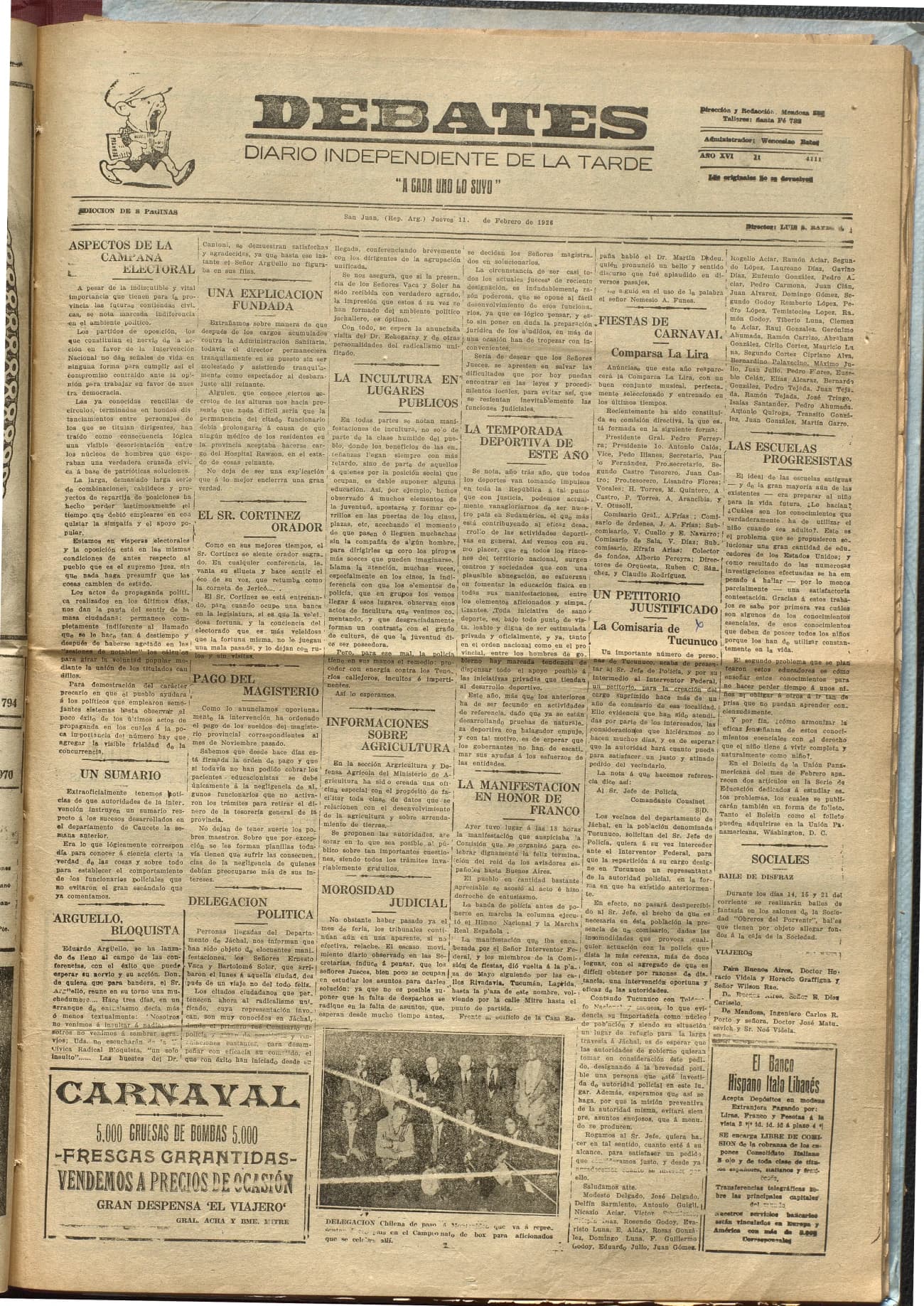 Portada · Diario Debates del 11 de febrero de 1926