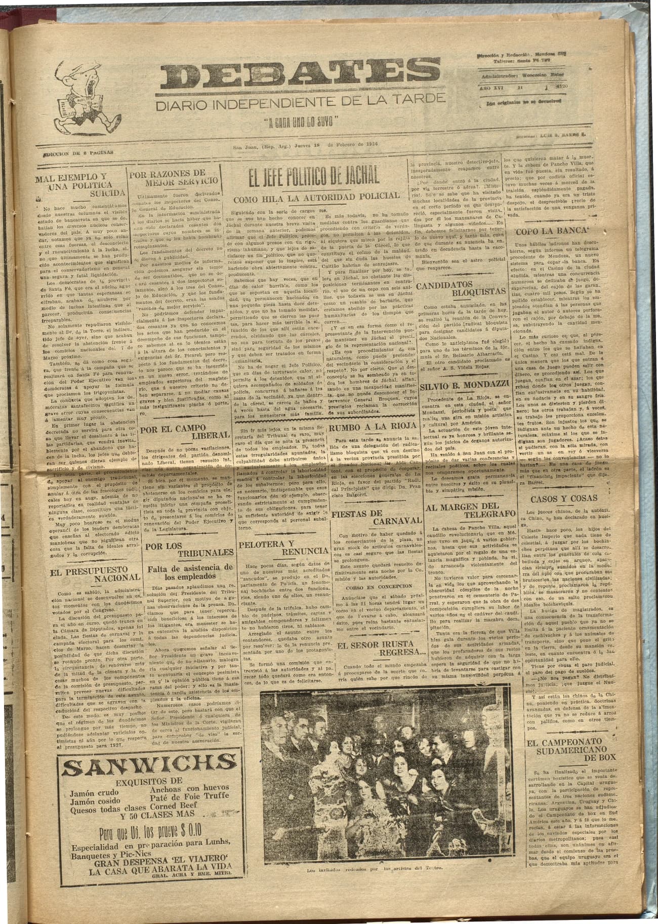 Portada · Diario Debates del 18 de febrero de 1926