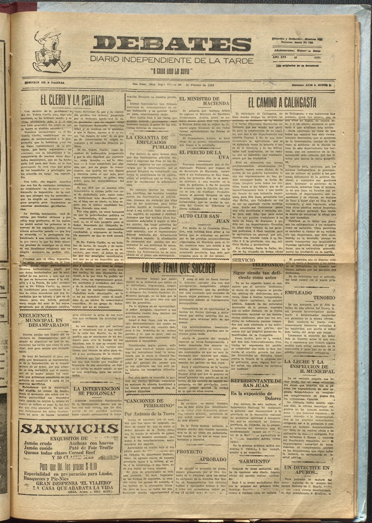 Portada · Diario Debates del 20 de febrero de 1926