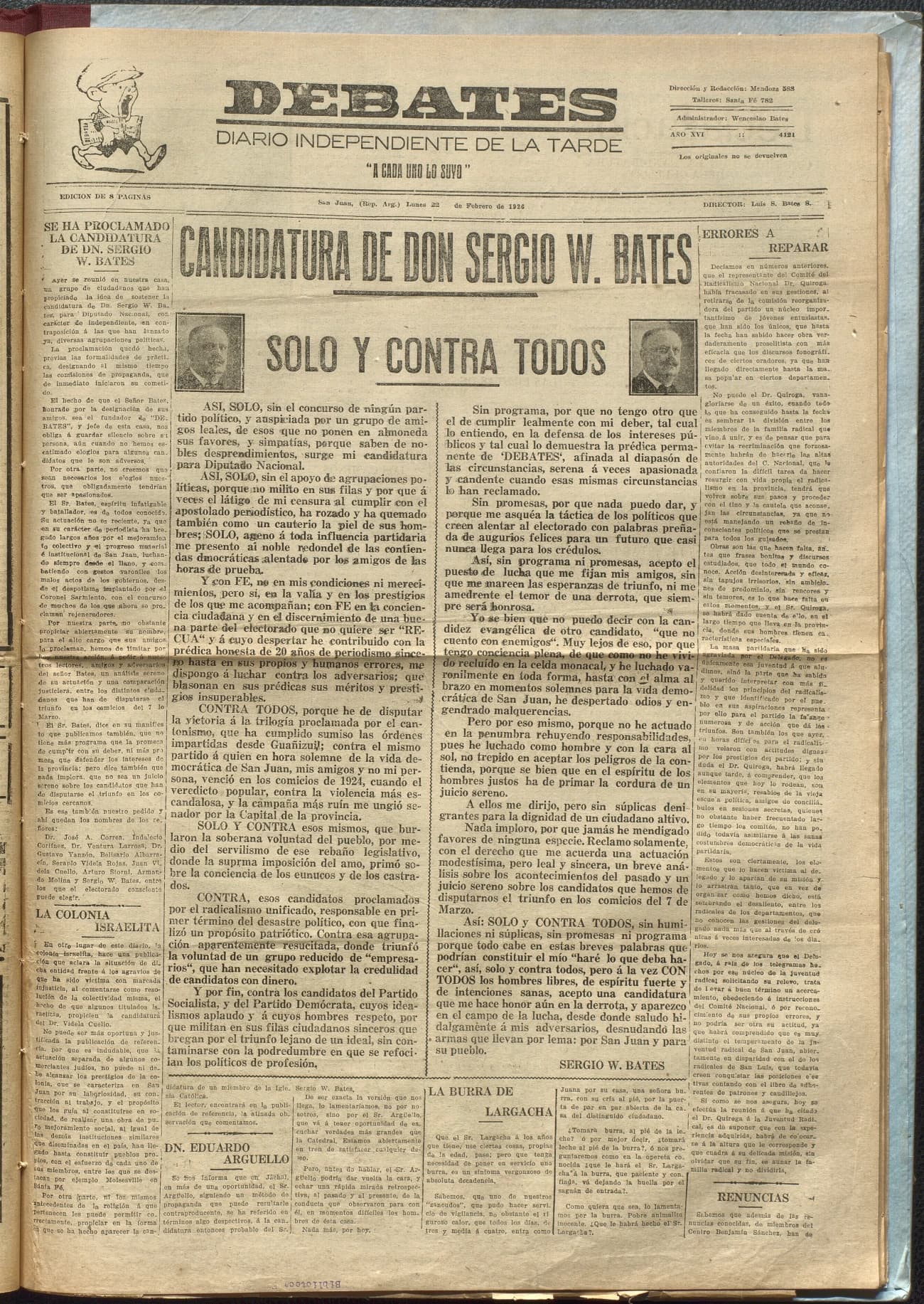 Portada · Diario Debates del 22 de febrero de 1926