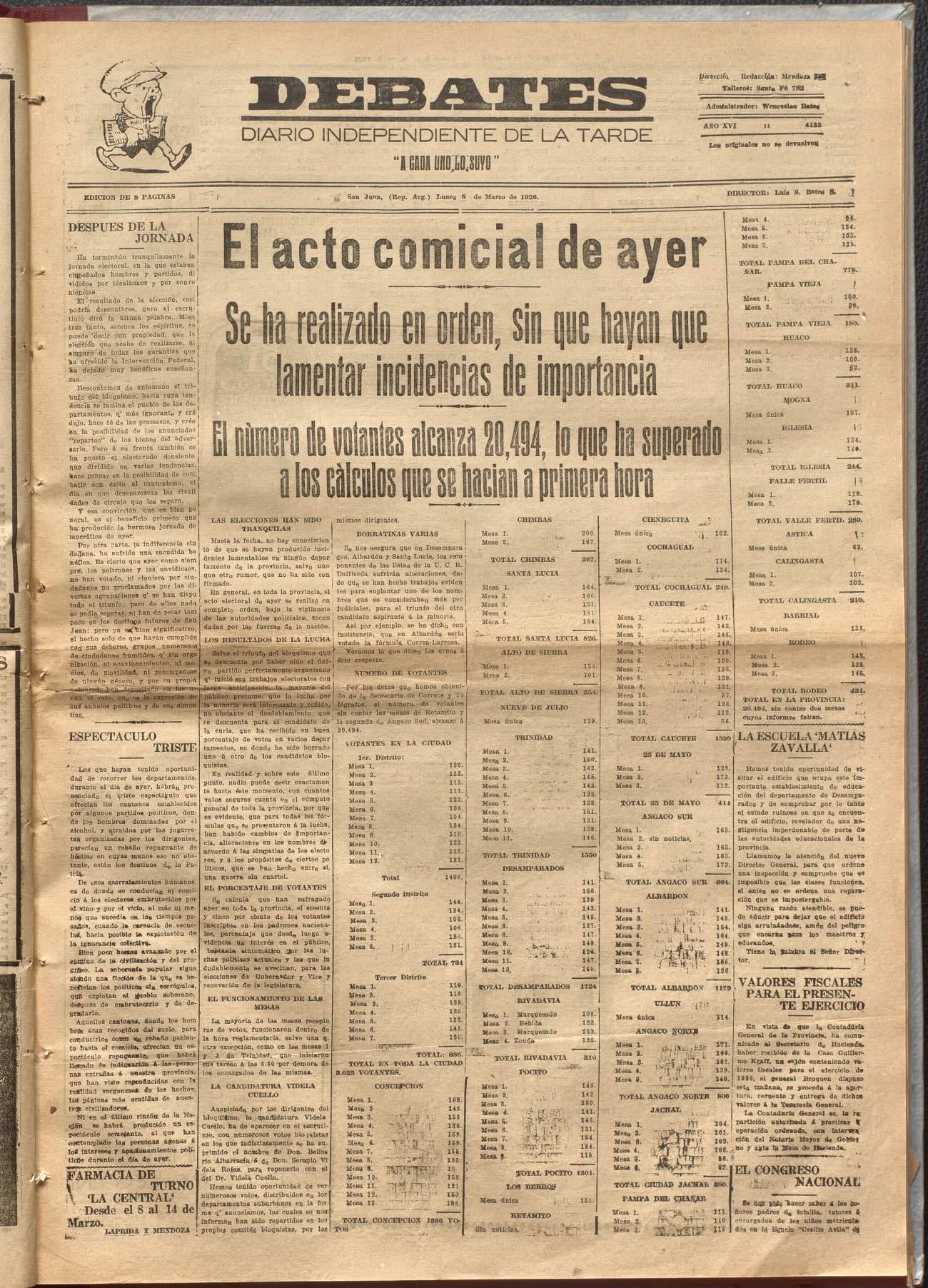 Portada · Diario Debates del 8 de marzo de 1926