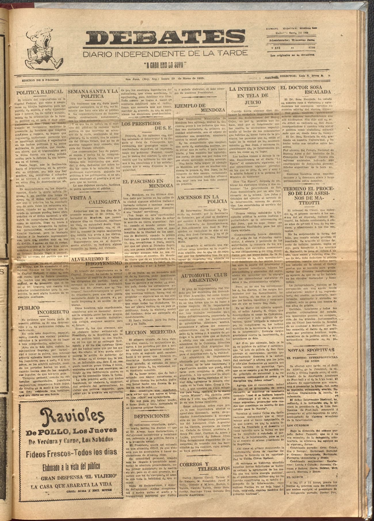 Portada · Diario Debates del 29 de marzo de 1926