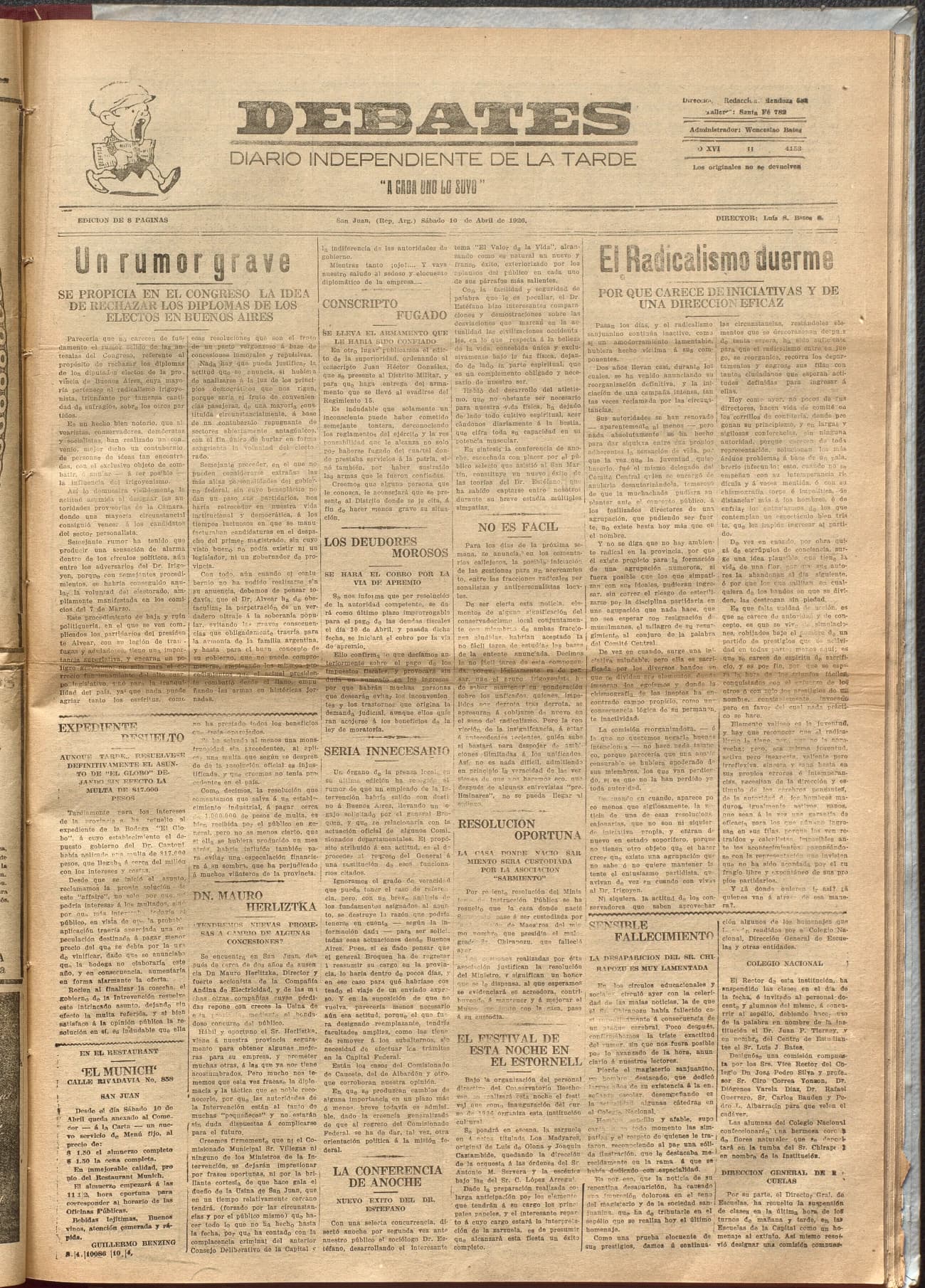 Portada · Diario Debates del 10 de abril de 1926